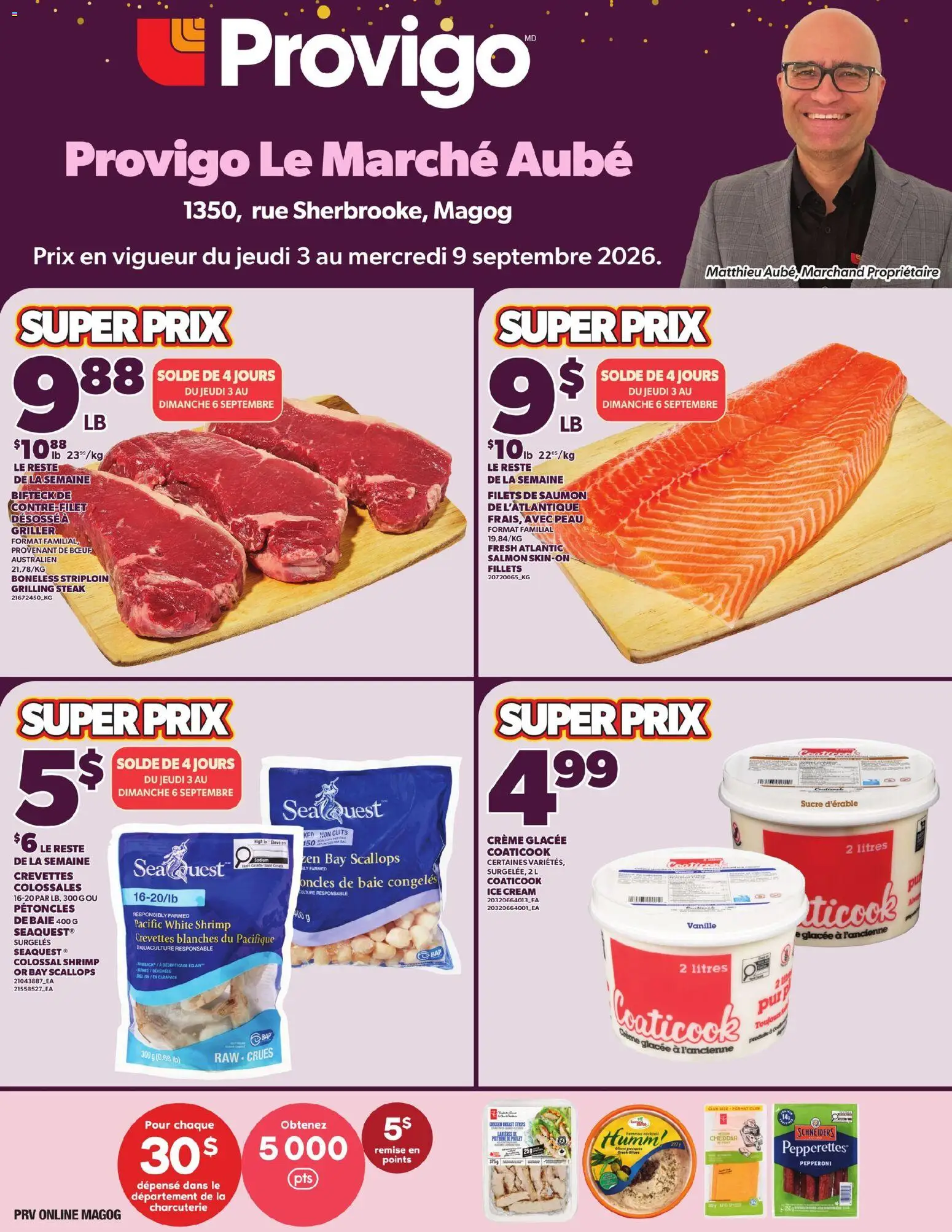Preview of leaflet Provigo weekly flyer / circulaire from shop Provigo is valid from Sep 03, 2026 - Fish, Fruit, Salmon, Spaghetti, Meat, Chips, Peaches, Syrup