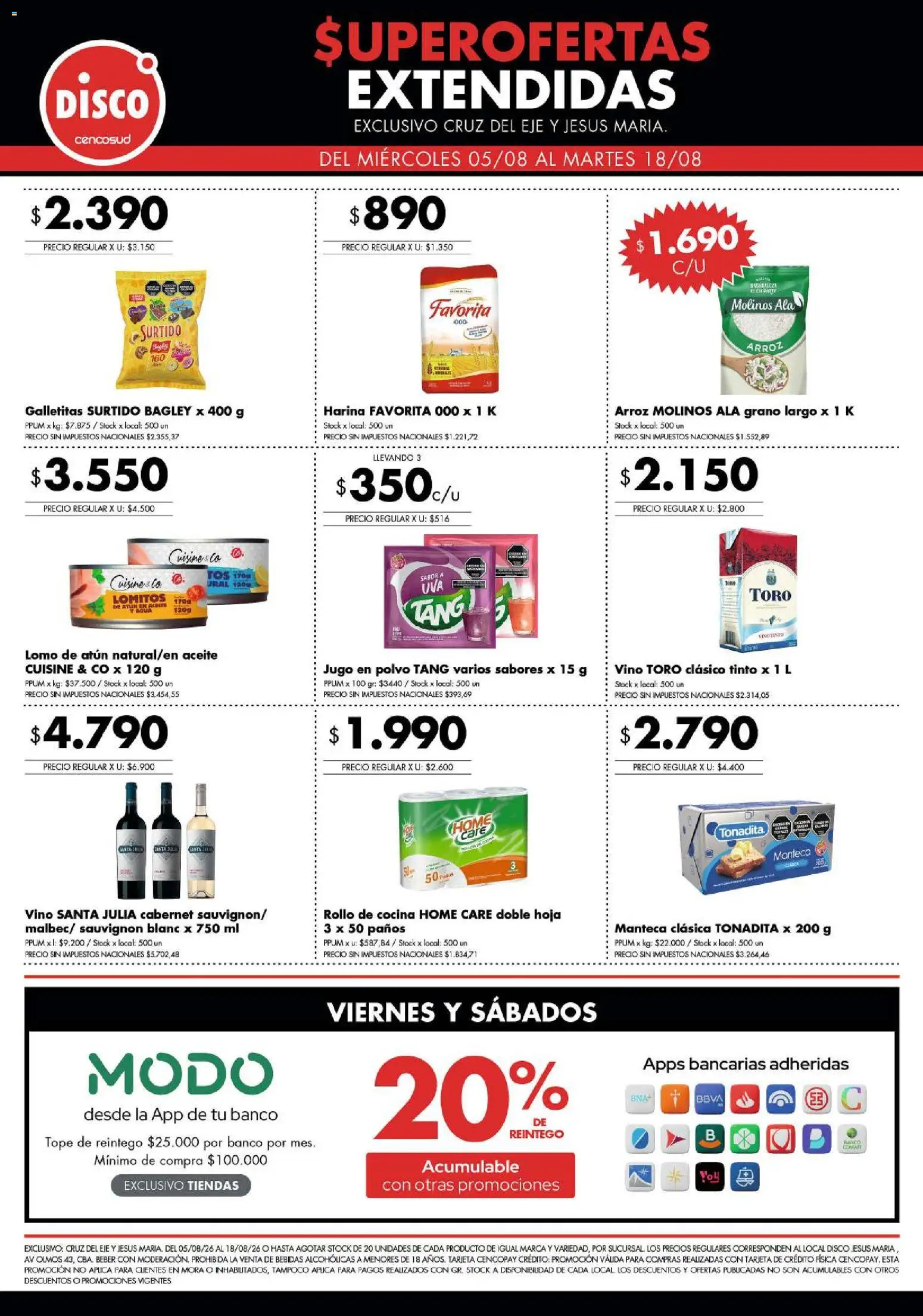 Vista previa del folleto de la tienda Disco válido desde el 05/08/2026 - Disco, Agua, Bebidas, Arroz, Aceite, Lomo, Atún, Jugo