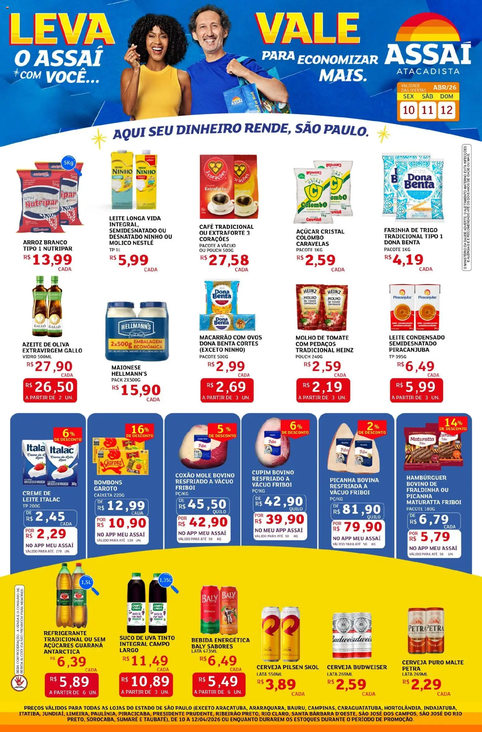 Pré-Visualização do folheto "Assaí Atacadista ofertas - SP" da loja Assaí Atacadista válido a partir de 10/04/2026 - Leite condensado, Bebida, Maionese, Creme, Farinha de trigo, Molho de tomate, Açúcar cristal, Bebida energética