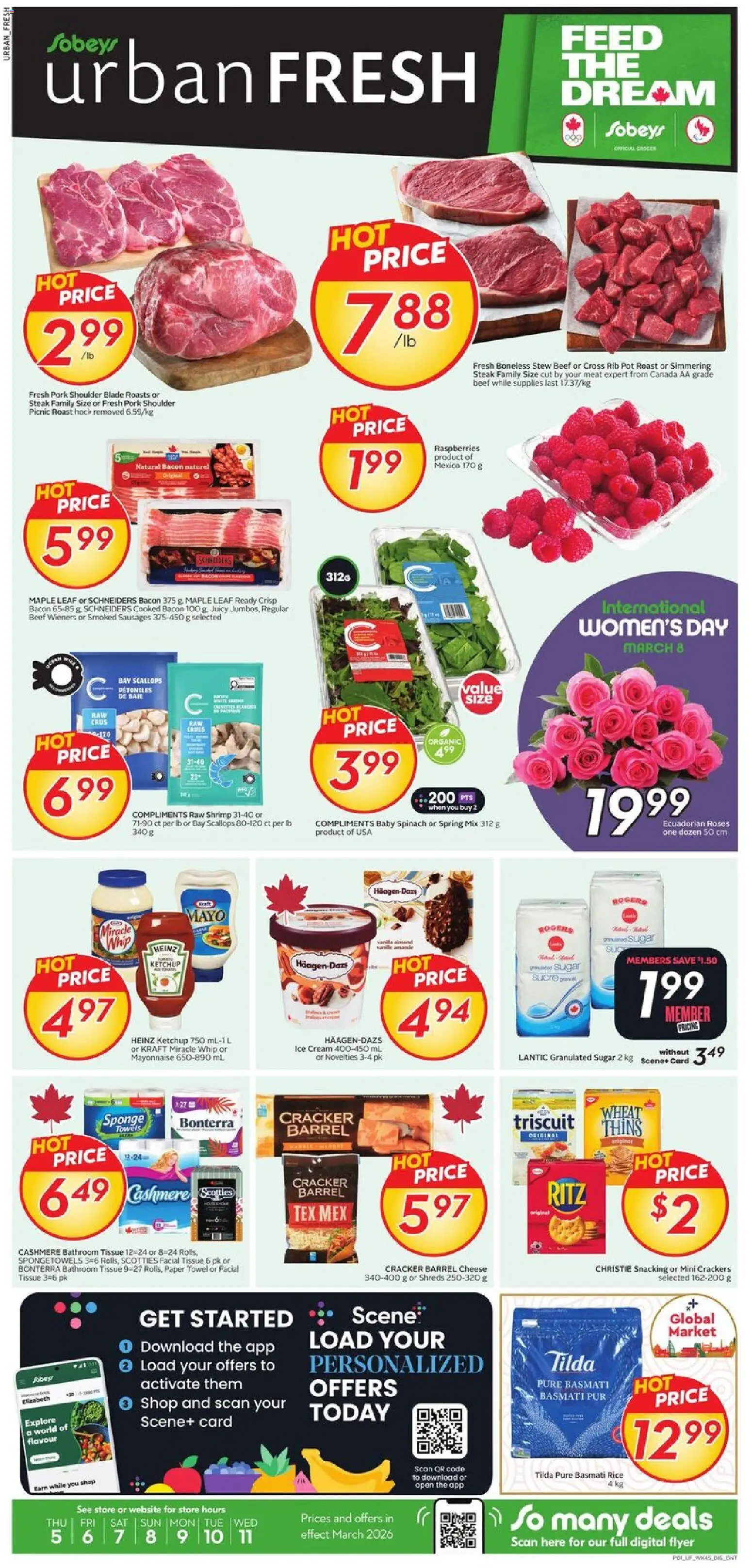 Preview of leaflet Weekly Flyer - Urban Fresh from shop Sobeys is valid from Mar 05, 2026 - Ice cream, Sugar, Pork, Cream, Mayonnaise, Crackers, Basmati rice, Granulated sugar
