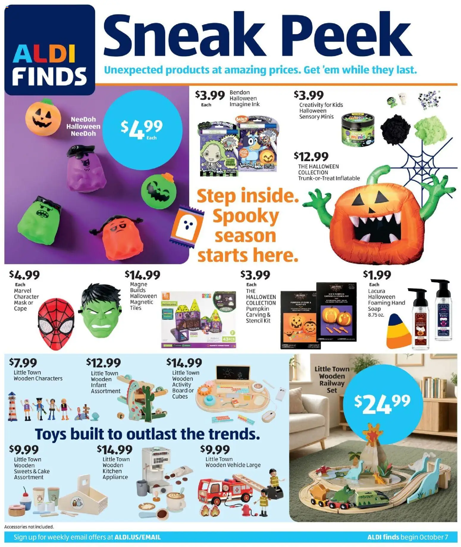 Ad Preview of Aldi Aldi In Store Ad from 10/07/2026 - Cake, Toys, Pumpkin, Sweets, Mask, Soap, Ink