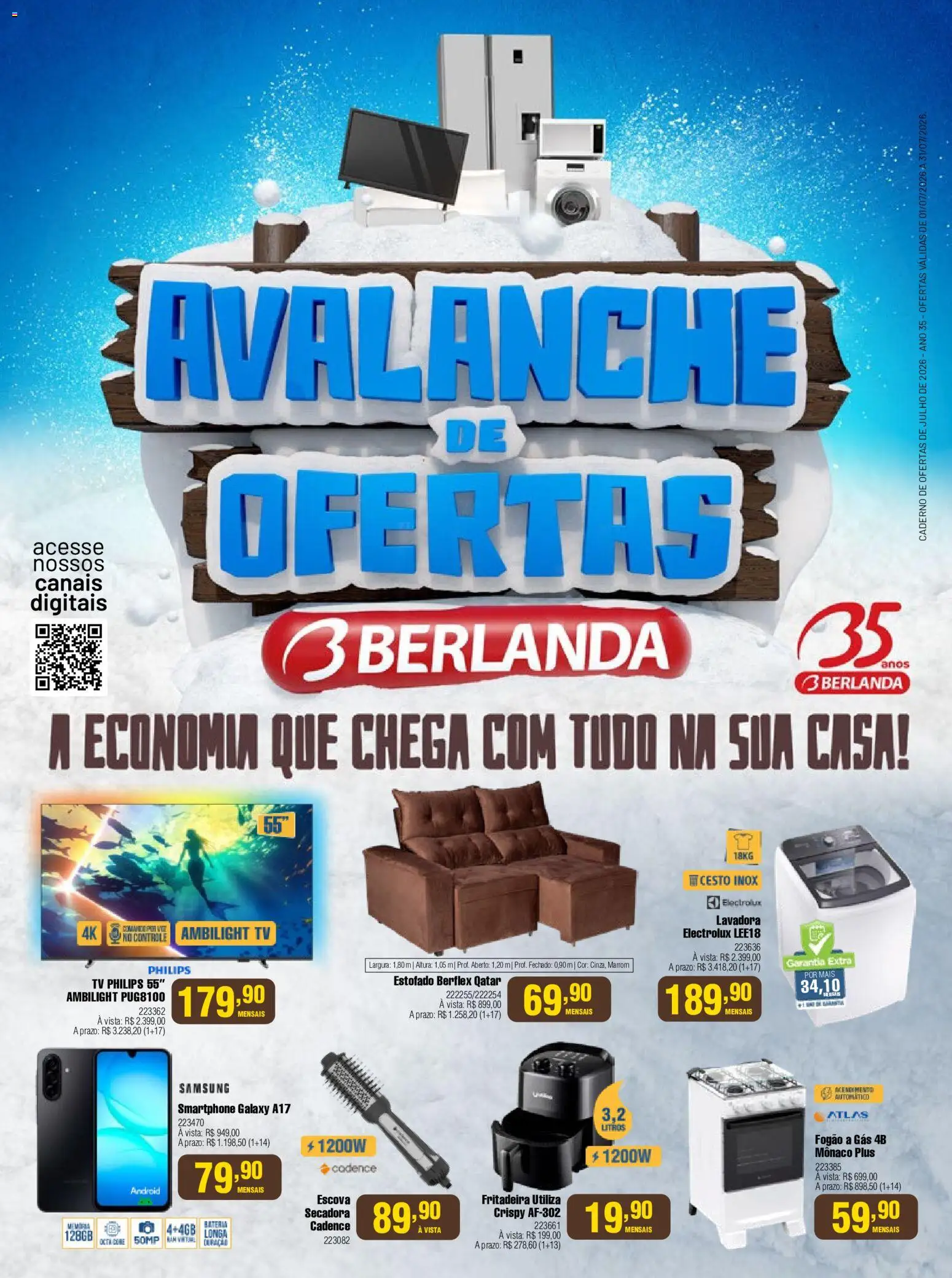 Pré-Visualização do folheto "Berlanda - Ofertas atuais" da loja Berlanda válido a partir de 01/07/2026 - Fogão, Escova secadora, Tv, Smartphone, Caderno, Escova