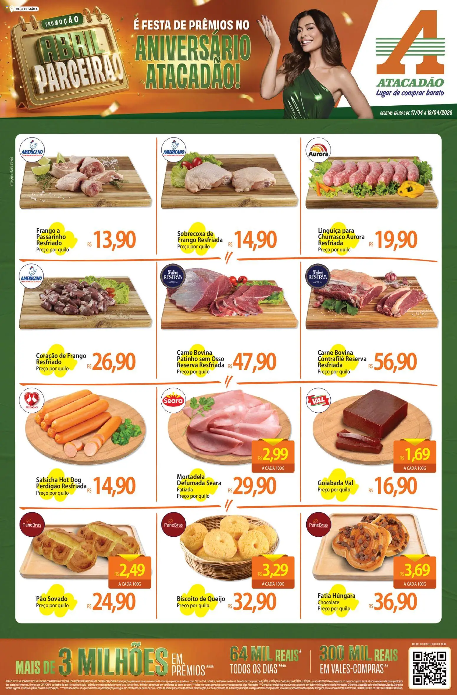 Pré-Visualização do folheto "Atacadão ofertas - TO" da loja Atacadão válido a partir de 17/04/2026 - Chocolate, Salsicha, Pão, Biscoito, Carne, Mortadela, Carne bovina, Coração de frango