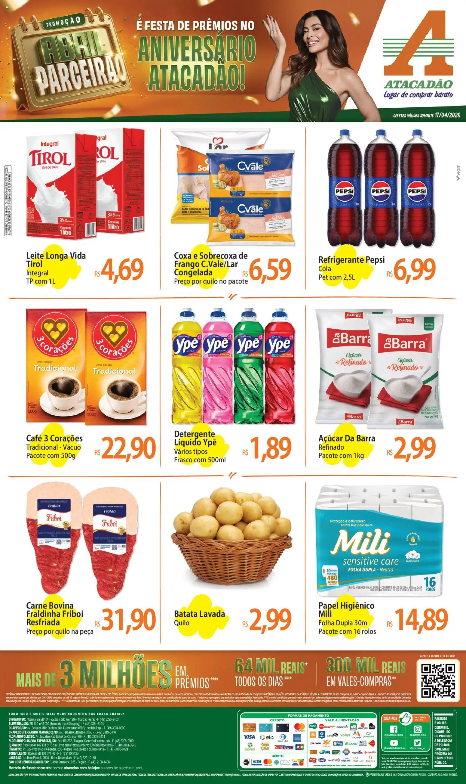 Pré-Visualização do folheto "Atacadão ofertas - SC" da loja Atacadão válido a partir de 17/04/2026 - Leite, Carne, Piso, Refrigerante, Detergente, Pepsi, Cola, Leite longa vida