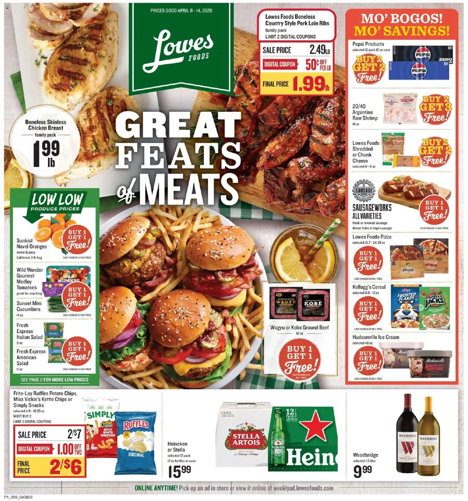 Ad Preview of Lowes Foods Lowes Foods Weekly Ad - GA from 04/08/2026 - Ice cream, Oranges, Chips, Ground beef, Bag, Cream, Kettle, Pork loin