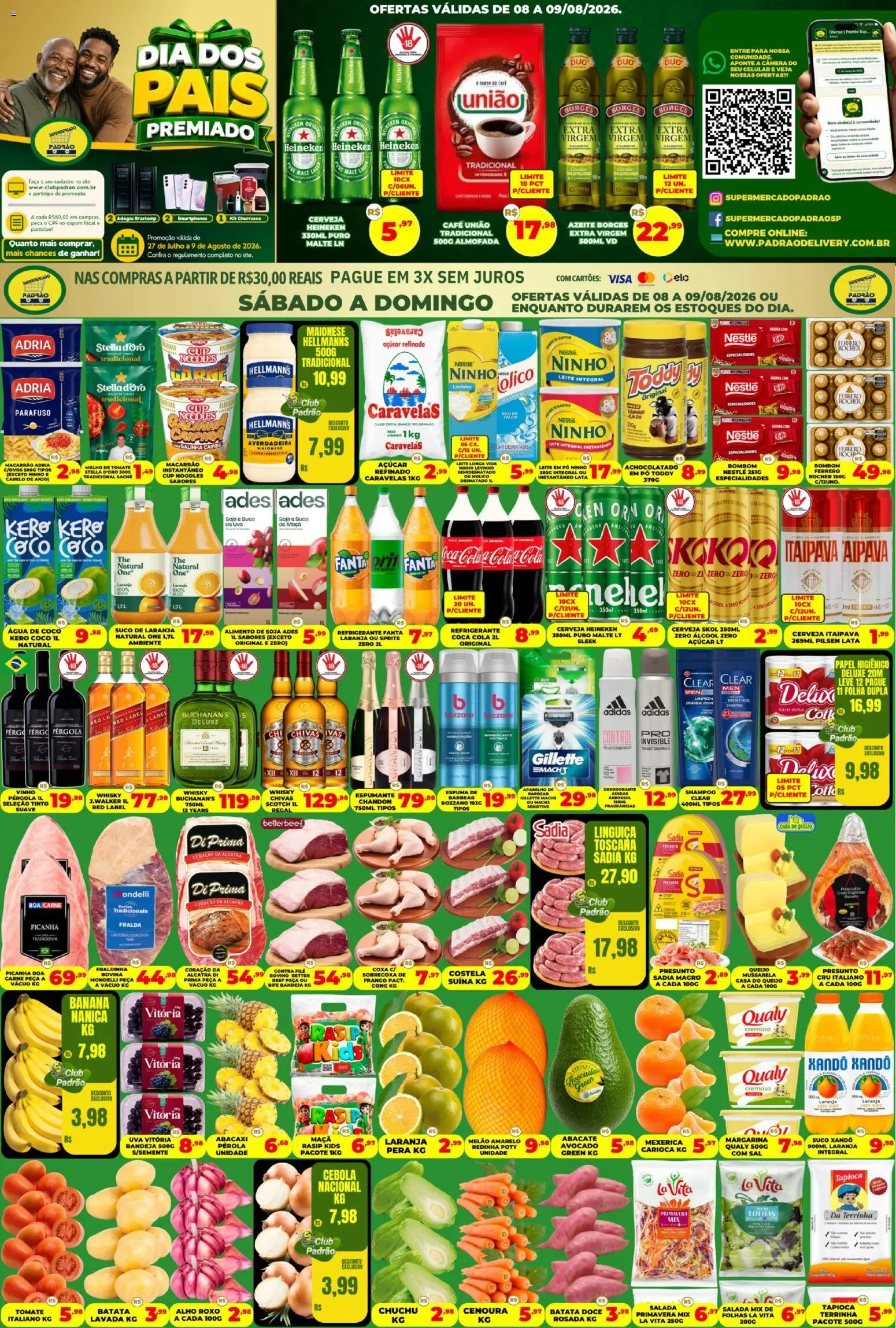 Pré-Visualização do folheto "Supermercado Padrão - Ofertas da semana" da loja Supermercado Padrão válido a partir de 08/08/2026 - Câmera, Macarrão, Carne, Batata, Maionese, Suco de laranja, Alho, Leite longa vida