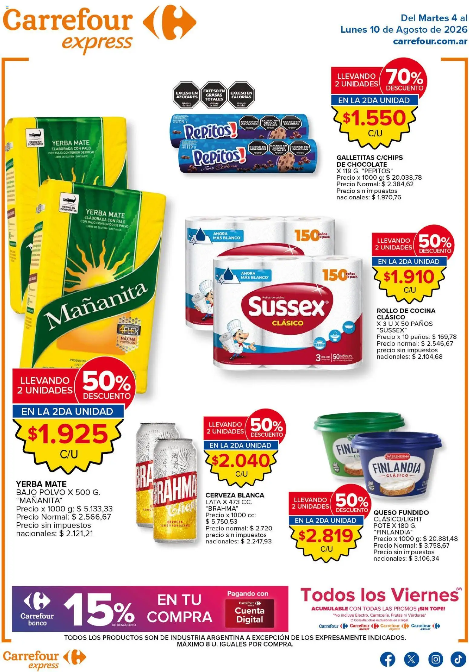 Vista previa del folleto de la tienda Carrefour Express válido desde el 04/08/2026 - Mate, Cocina, Cerveza, Queso, Yerba, Verduras, Galletitas, Queso fundido