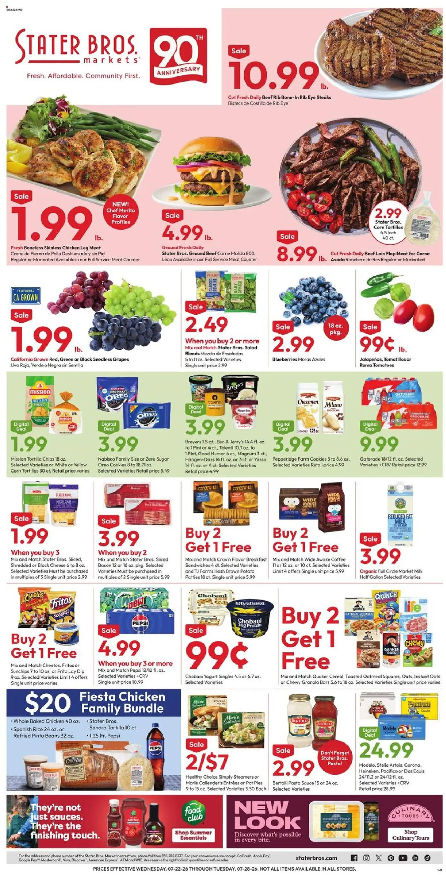 Ad Preview of Stater Bros Stater Bros Weekly Ad from 07/22/2026 - Cookies, Salad, Phone, Tomatoes, Corn, Meat, Grapes, Beef