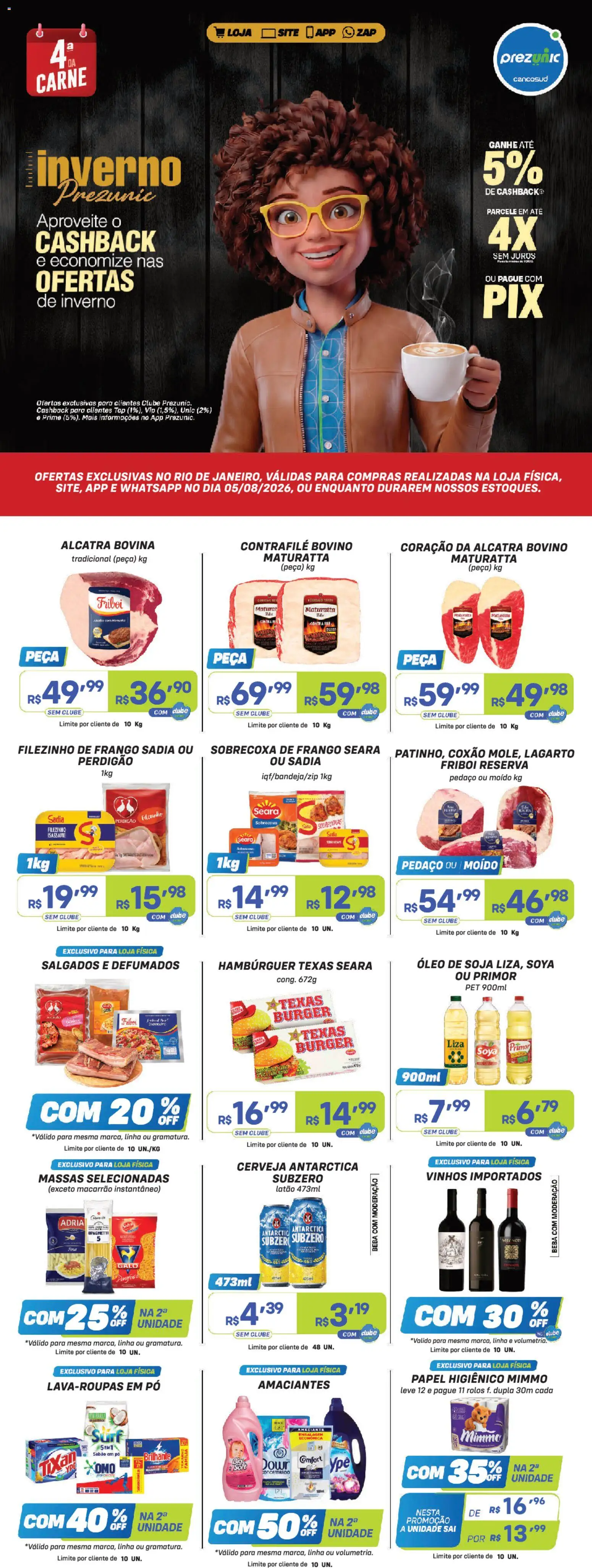 Pré-Visualização do folheto "Prezunic ofertas" da loja Prezunic válido a partir de 05/08/2026 - Hambúrguer, Macarrão, Óleo, Carne, Sabão em pó, Amaciante, Sabão, Sobrecoxa de frango