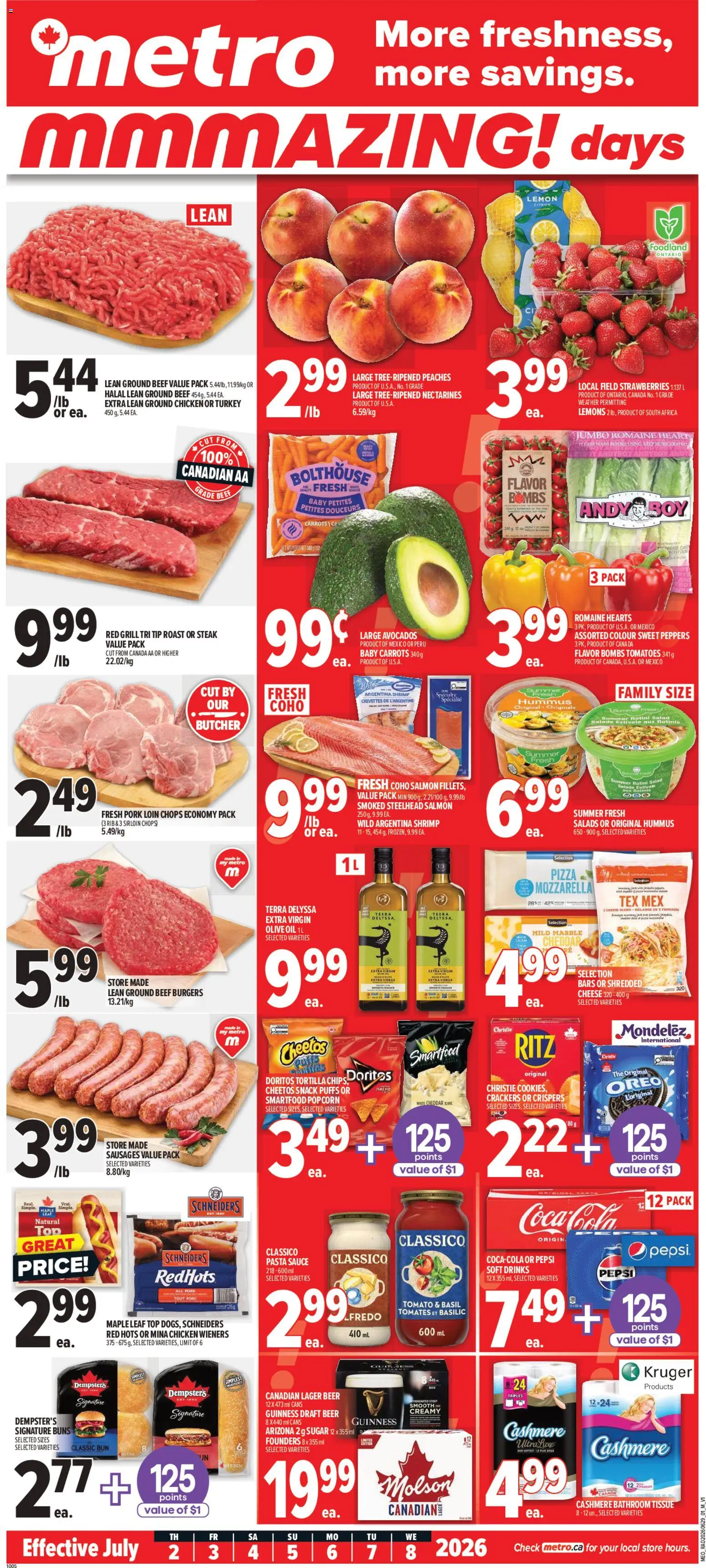 Preview of leaflet Metro weekly flyer - Alma from shop Metro is valid from Jul 02, 2026 - Pasta, Steak, Beer, Salad, Strawberries, Pepsi, Roast, Cheddar