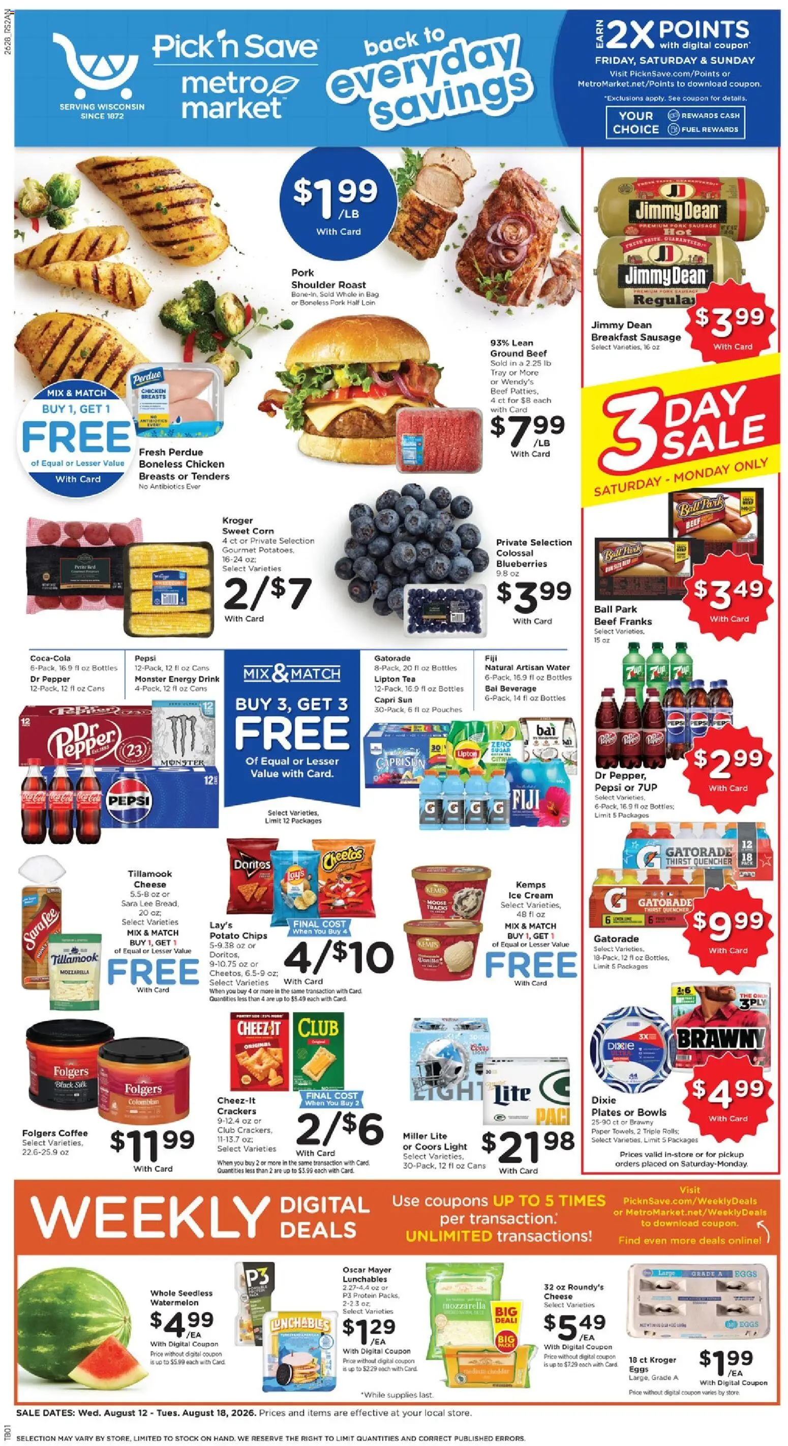 Ad Preview of Pick ‘n Save Pick ‘n Save Weekly Ad from 08/12/2026 - Coffee, Water, Cheese, Blueberries, Pepsi, Pepper, Crackers, Potato chips