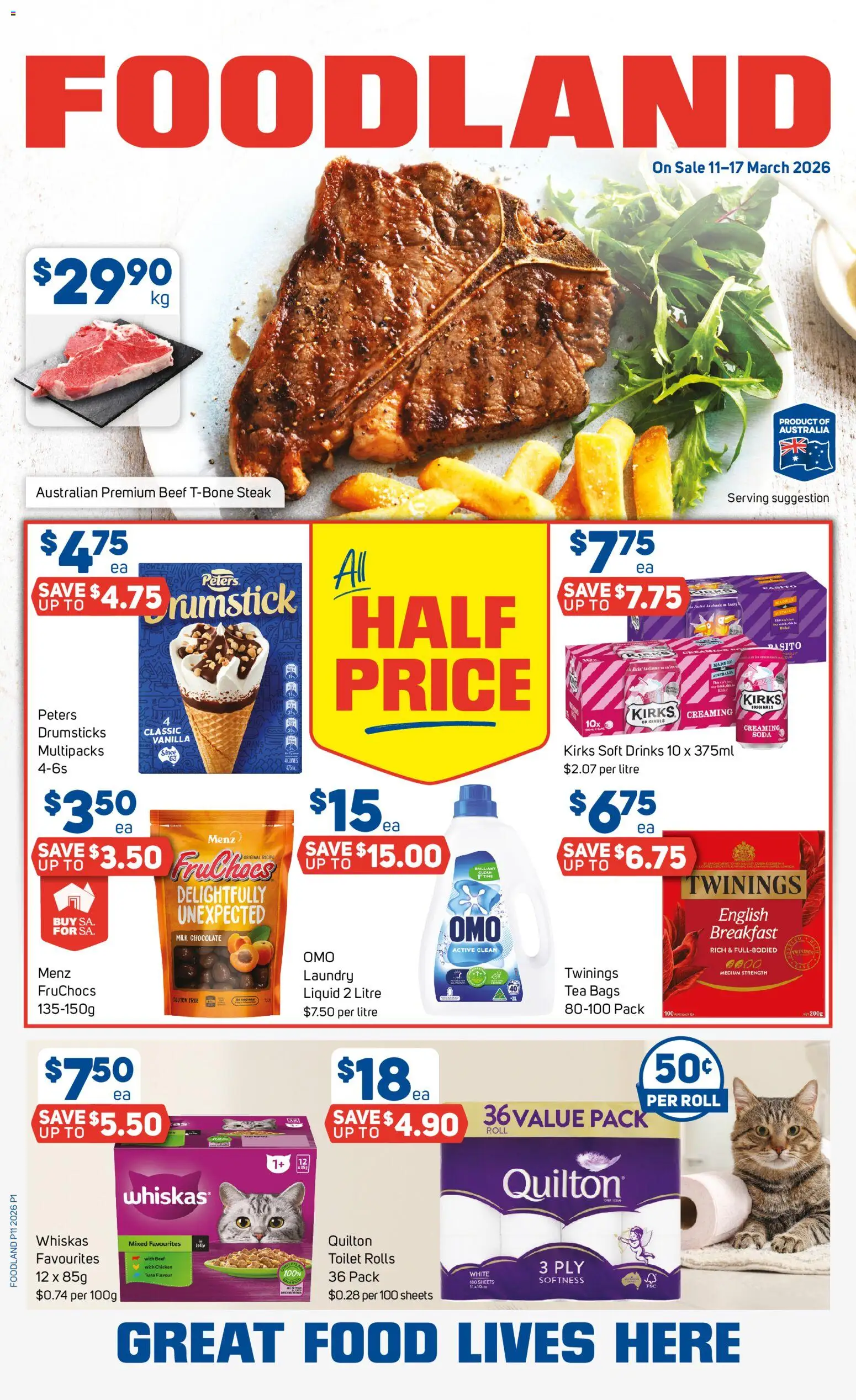 Preview of catalogue Foodland catalogue from shop Foodland valid 11/03/2026 - Drinks, Food, Toilet, Milk, Tea, Beef, Tuna, Drumsticks
