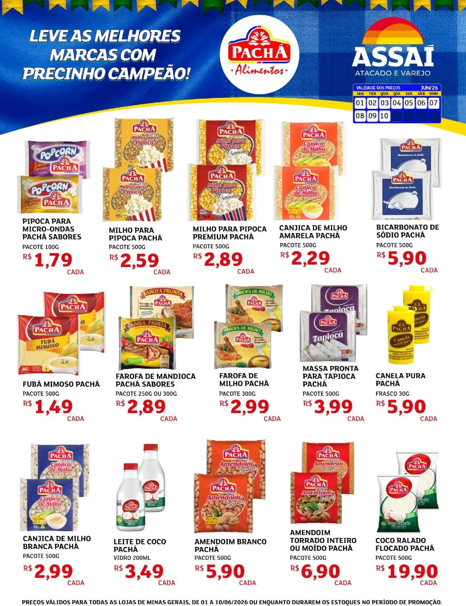 Pré-Visualização do folheto "Assaí Atacadista ofertas - MG" da loja Assaí Atacadista válido a partir de 01/06/2026 - Microondas, Leite, Canela, Manteiga, Bicarbonato de sódio, Bacon, Leite de coco, Farofa de milho