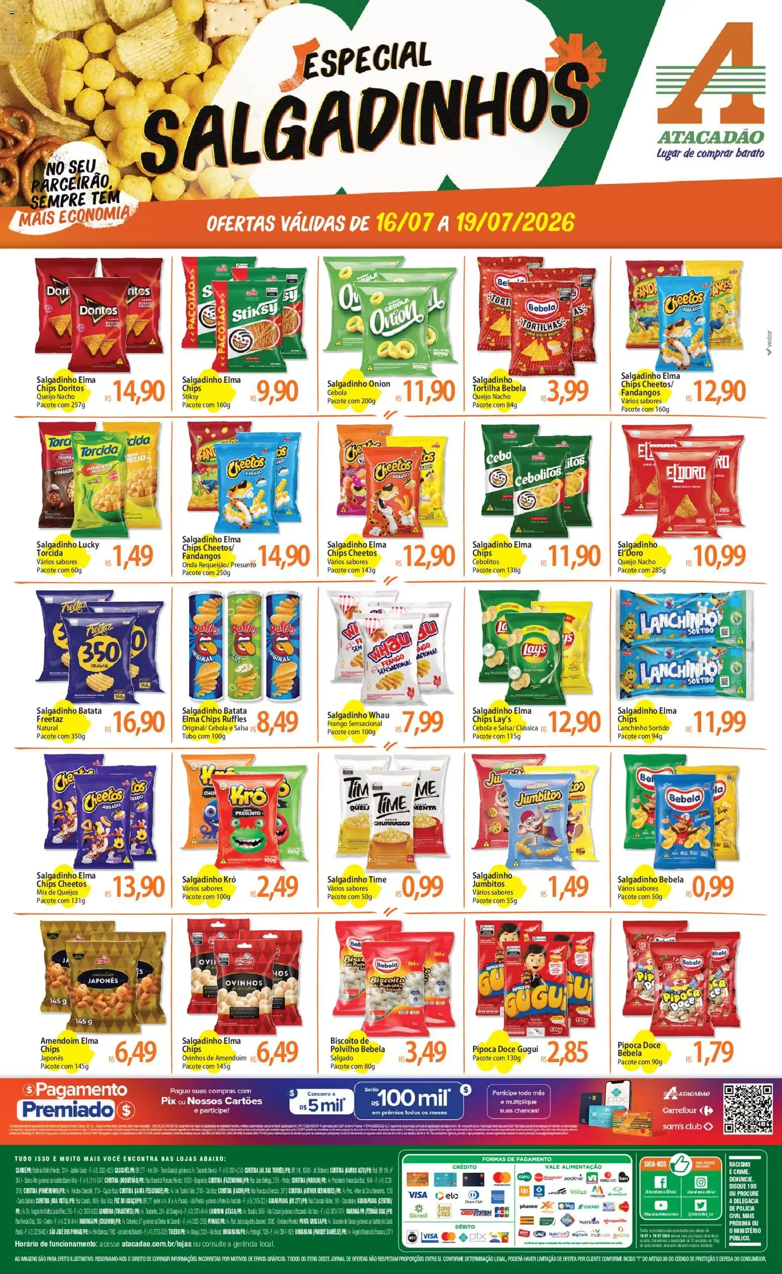 Pré-Visualização do folheto "Atacadão ofertas - PR" da loja Atacadão válido a partir de 16/07/2026 - Amendoim, Batata, Elma Chips, Pimenta, Requeijão, Cebola, Salsa, Presunto