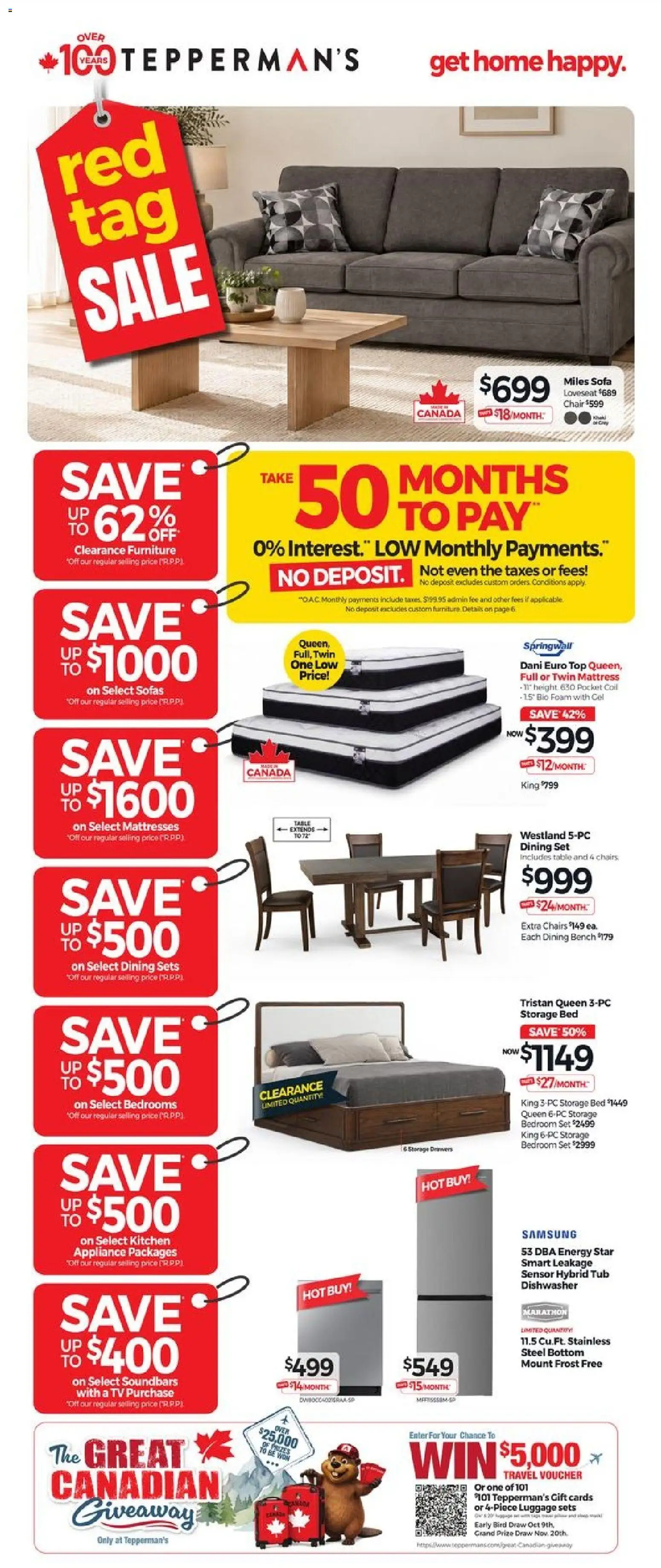 Preview of leaflet Tepperman's weekly flyer / circulaire from shop Tepperman's is valid from Oct 02, 2026 - Tv, Dishwasher, Bed, Luggage, Chair, Chairs, Foam, Table