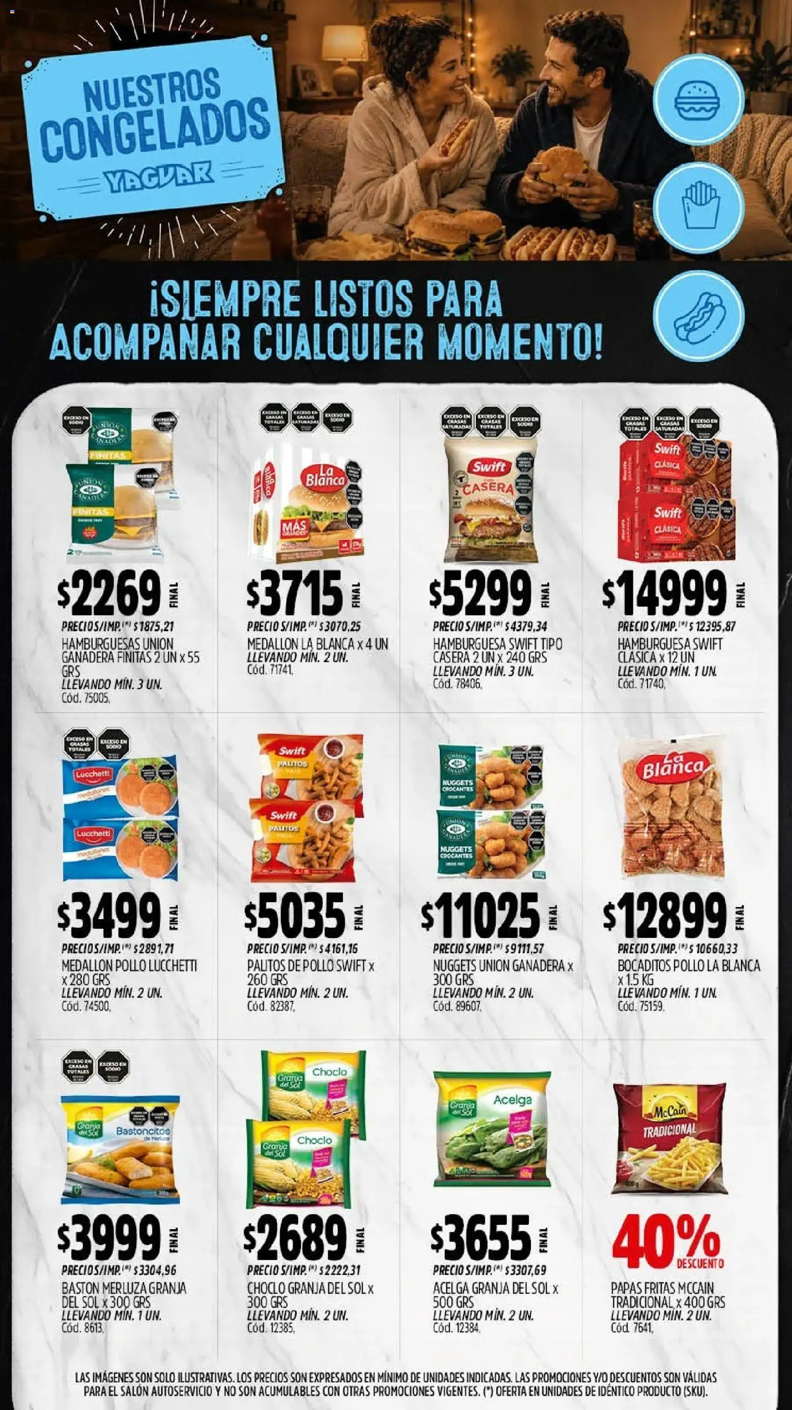 Vista previa del folleto de la tienda Yaguar válido desde el 28/09/2026 - Hamburguesa, Papas, Pollo, Papas fritas, Acelga, Choclo