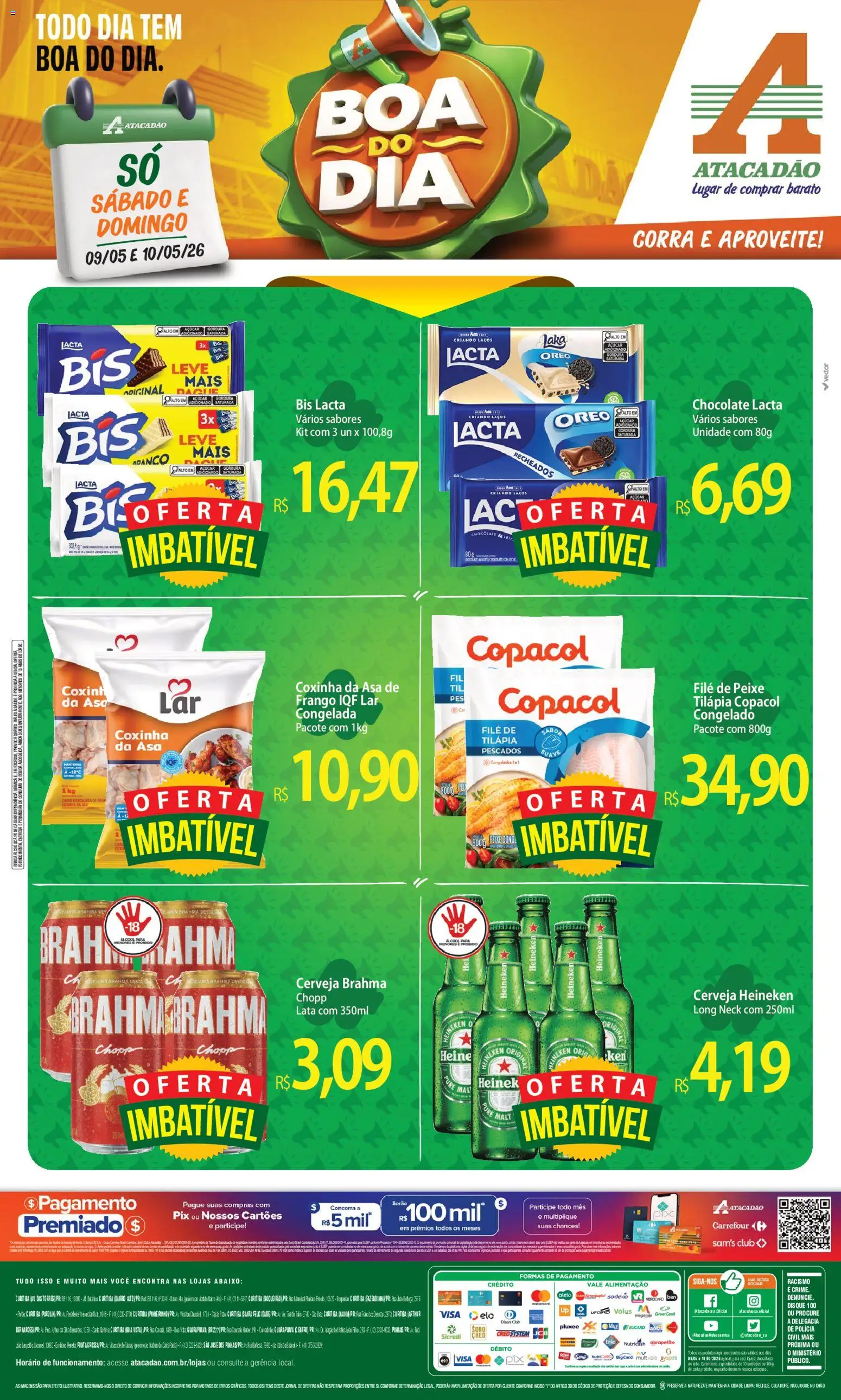 Pré-Visualização do folheto "Atacadão ofertas - PR" da loja Atacadão válido a partir de 09/05/2026 - Chocolate, Heineken, Peixe, Cerveja Heineken, Frango, Açúcar, Tilápia, Filé de peixe
