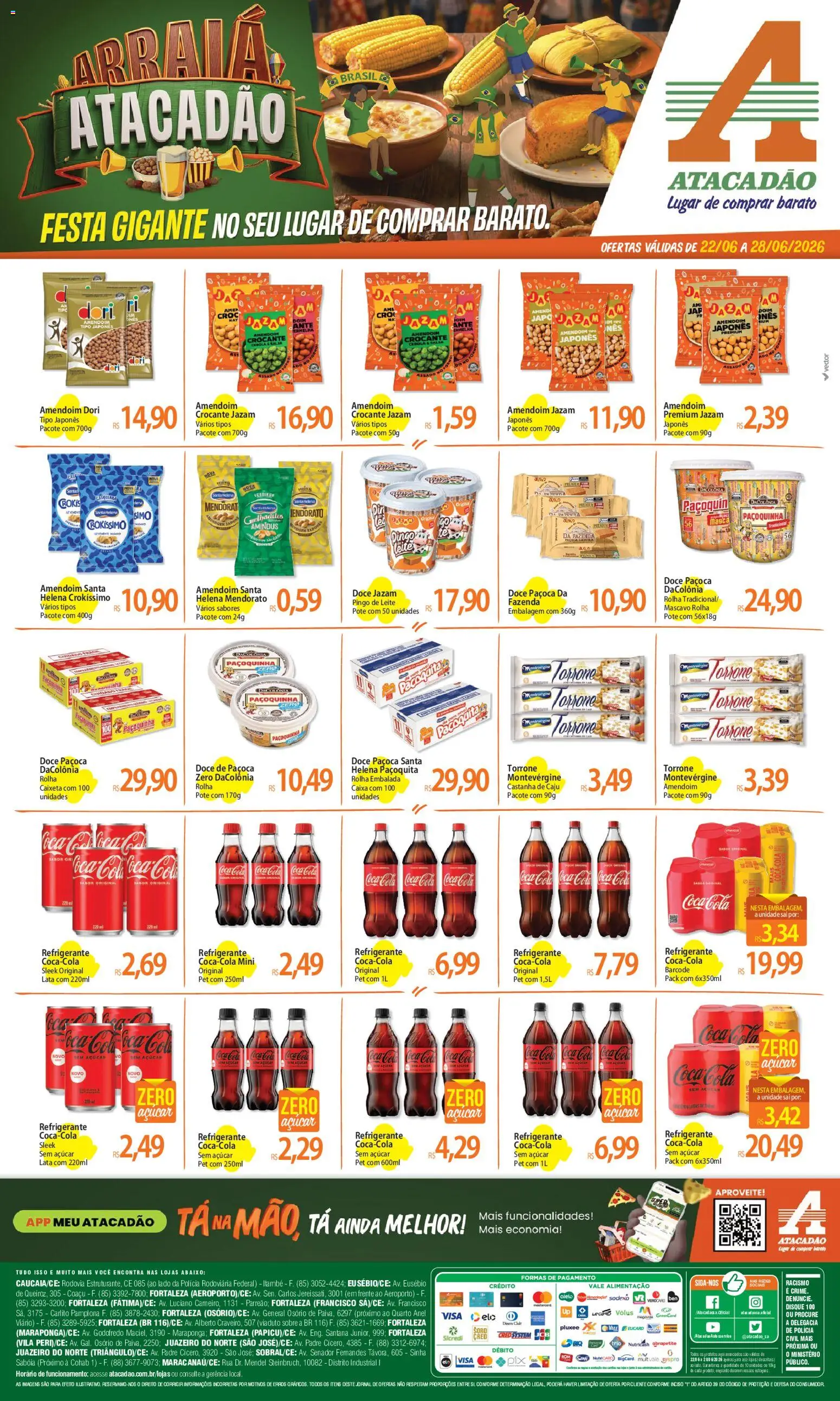Pré-Visualização do folheto "Atacadão ofertas - CE" da loja Atacadão válido a partir de 22/06/2026 - Caju, Amendoim, Leite, Anel, Refrigerante, Paçoca, Castanha de caju, Cola
