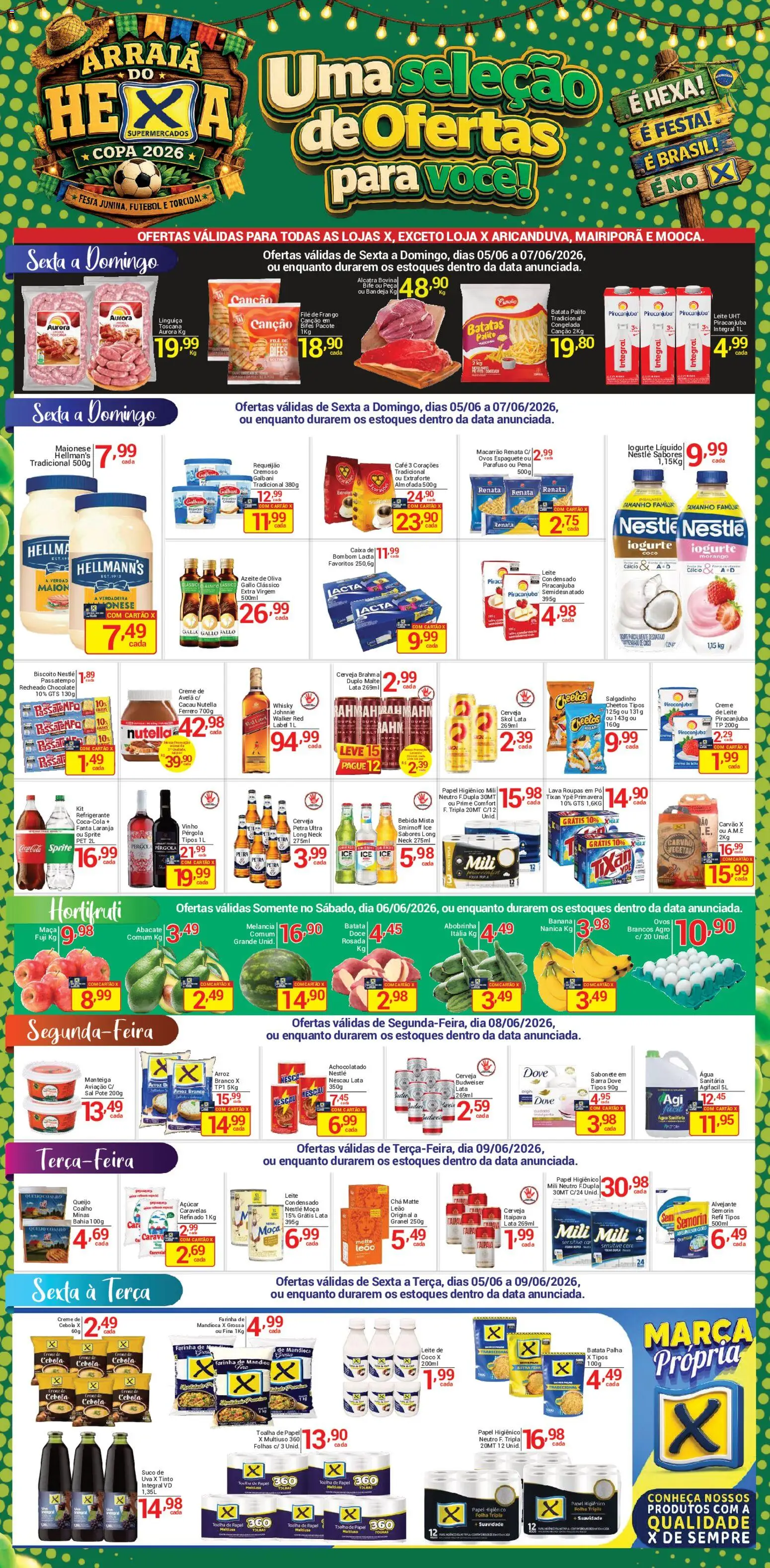 Pré-Visualização do folheto "X Supermercados - Ofertas da semana" da loja X Supermercados válido a partir de 05/06/2026 - Macarrão, Melancia, Queijo, Batata, Azeite, Bombom, Alcatra, Fanta