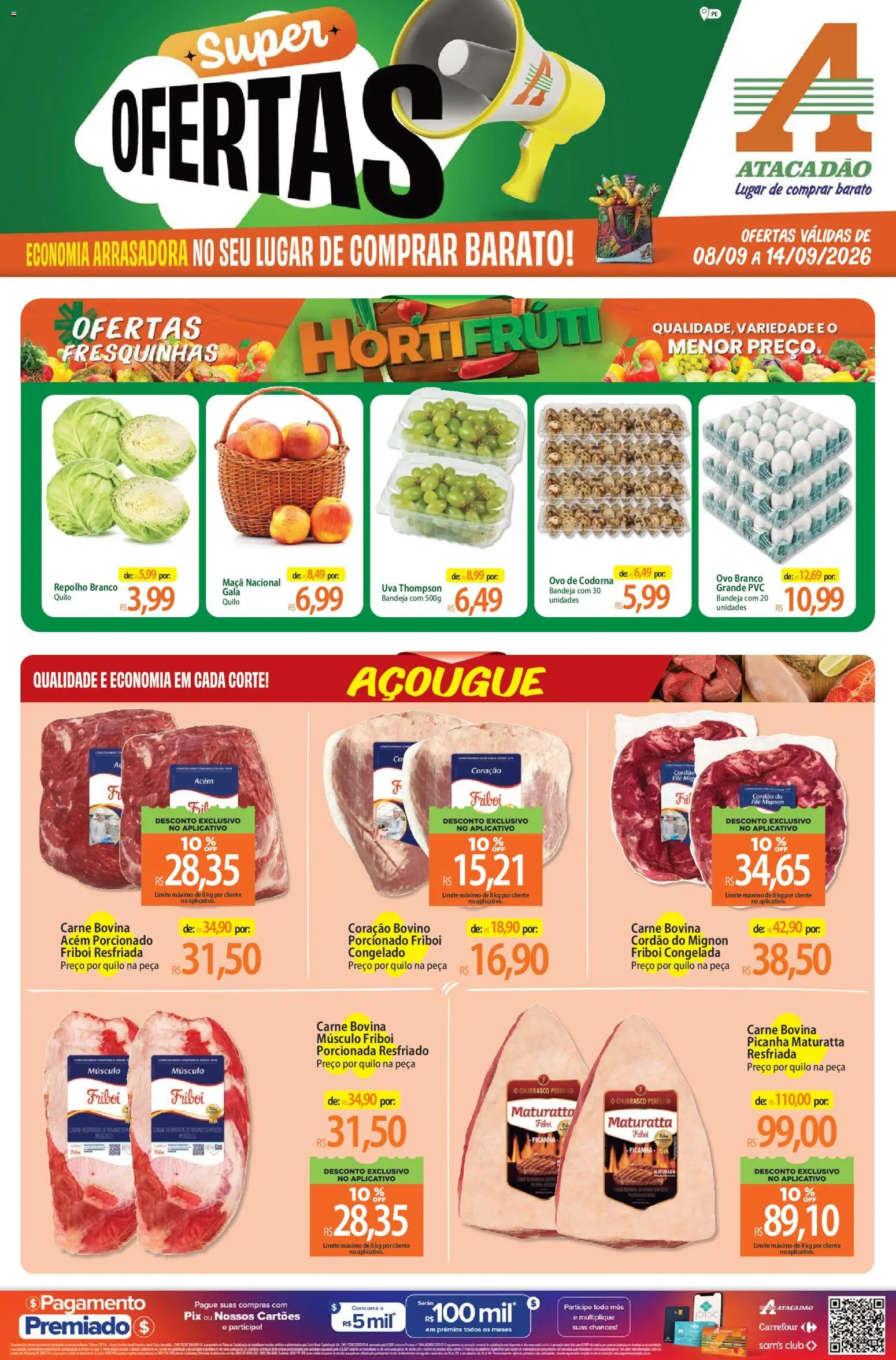 Pré-Visualização do folheto "Atacadão ofertas - PE" da loja Atacadão válido a partir de 08/09/2026 - Uva, Picanha, Repolho, Bandeja, Carne bovina, Acém, Repolho branco, Carne bovina músculo