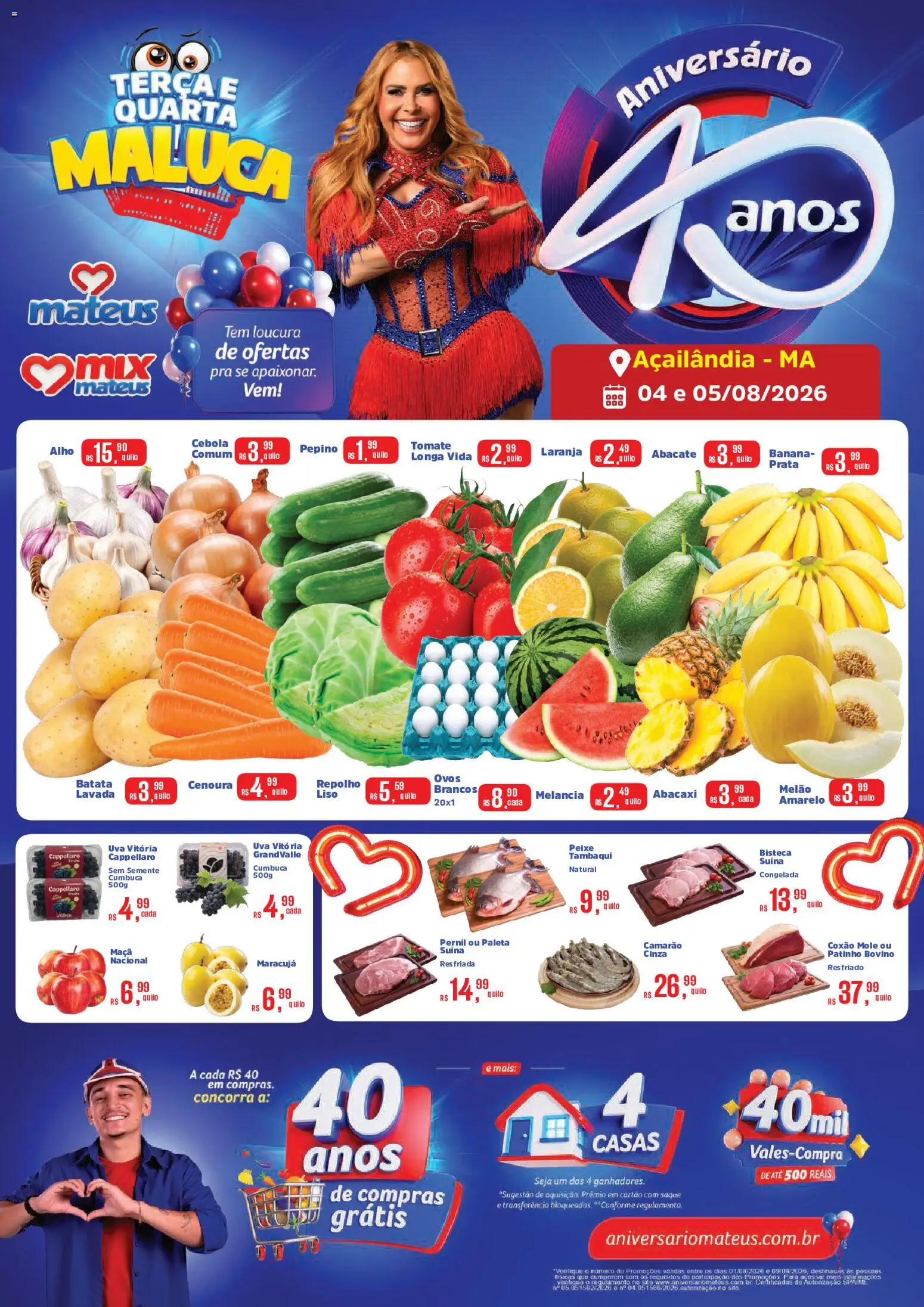 Pré-Visualização do folheto "Mateus ofertas Terça e quarta do Horti" da loja Mateus válido a partir de 04/08/2026 - Uva, Maracujá, Abacate, Cenoura, Repolho, Pernil, Melão, Alho