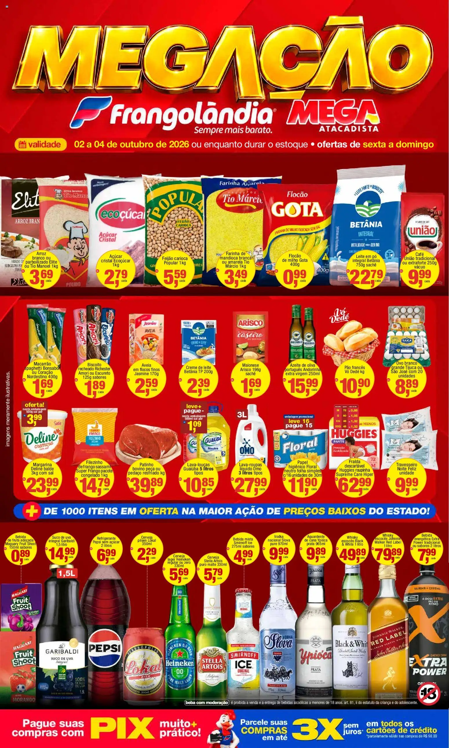 Pré-Visualização do folheto "Frangolândia - Ofertas da semana" da loja Frangolândia válido a partir de 02/10/2026 - Arroz, Biscoito, Açúcar, Milho, Leite em pó, Pão francês, Margarina, Balde
