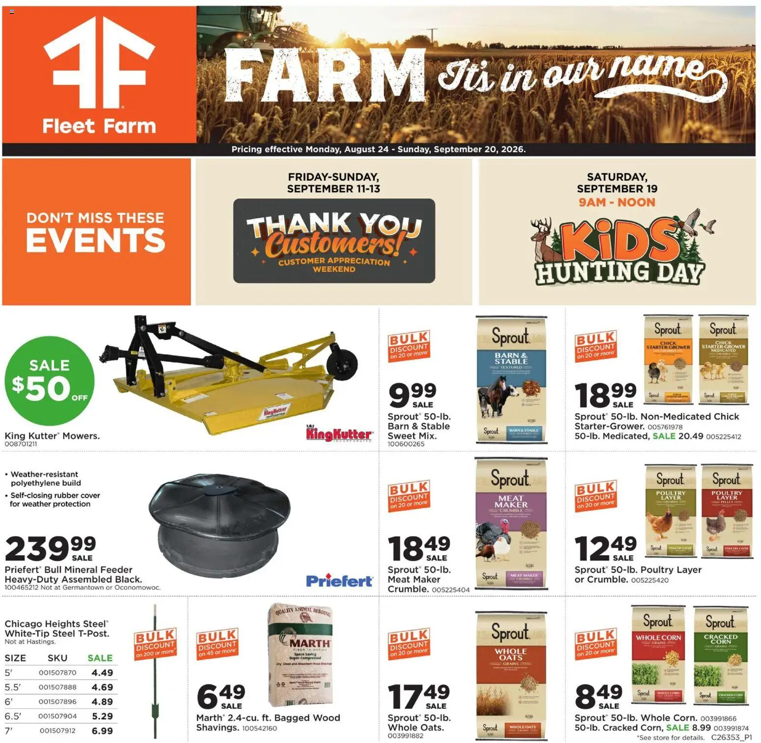 Ad Preview of Mills Fleet Farm Mills Fleet Farm Rural Life from 08/24/2026 - Corn, Meat, Butter, Grains, Bedding, Poultry