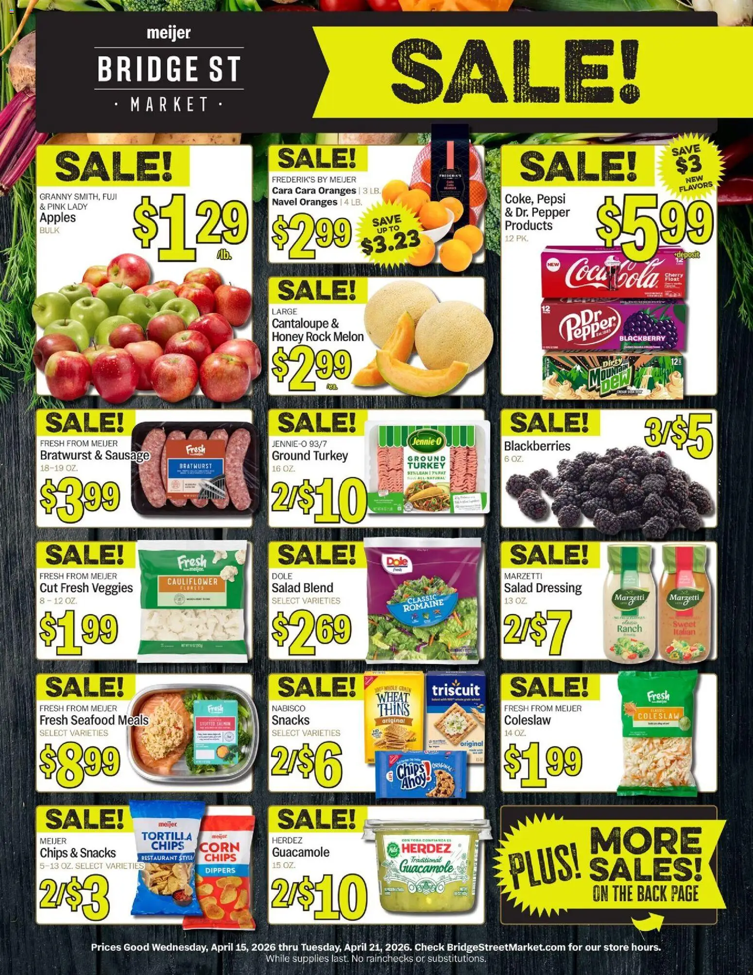Ad Preview of Meijer Meijer Bridge Street Market from 04/15/2026 - Apples, Seafood, Chips, Honey, Corn, Pepsi, Melon, Cauliflower
