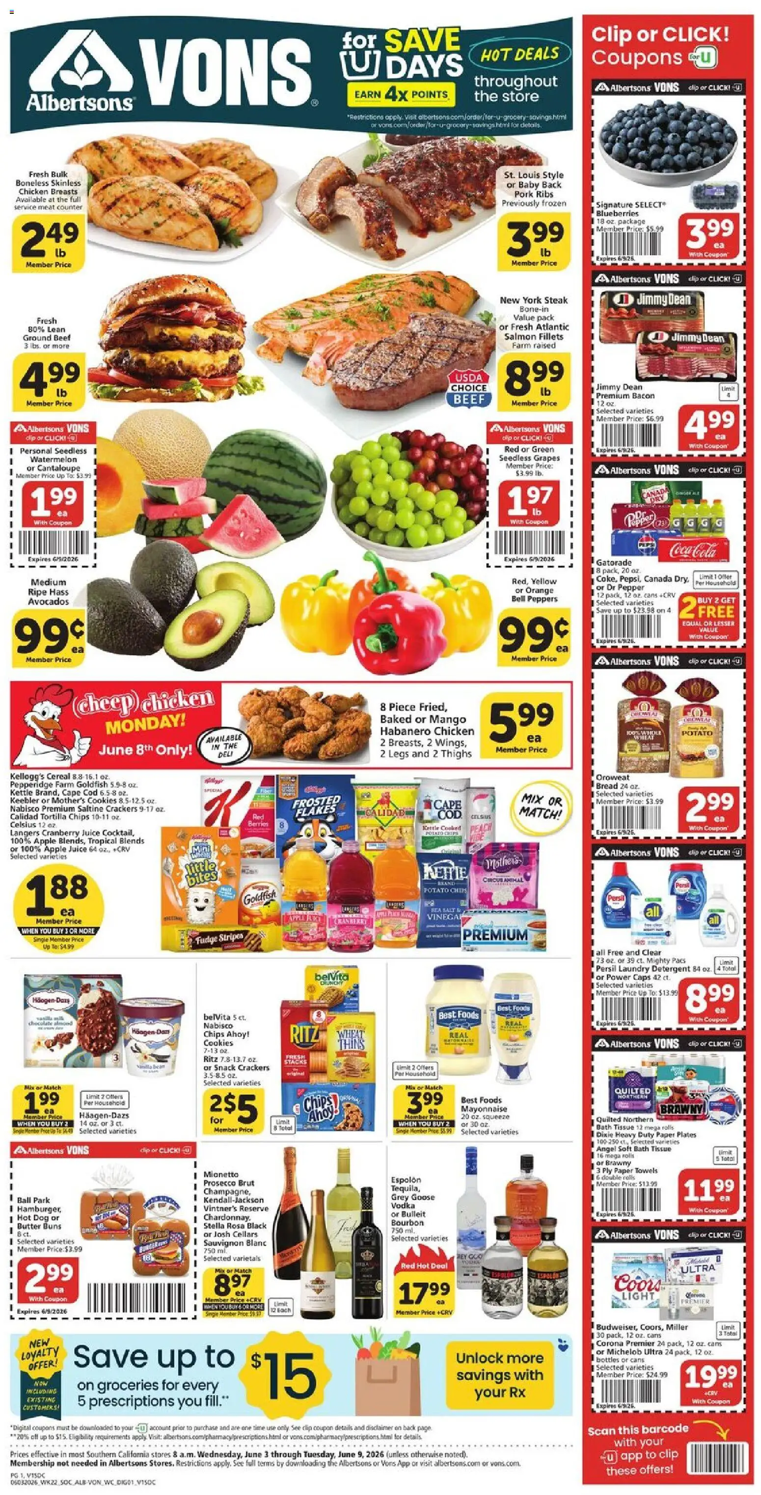 Ad Preview of Vons Vons Weekly Ad from 06/03/2026 - Watermelon, Blueberries, Meat, Pepper, Vinegar, Clip, Paper towels, Tortilla chips
