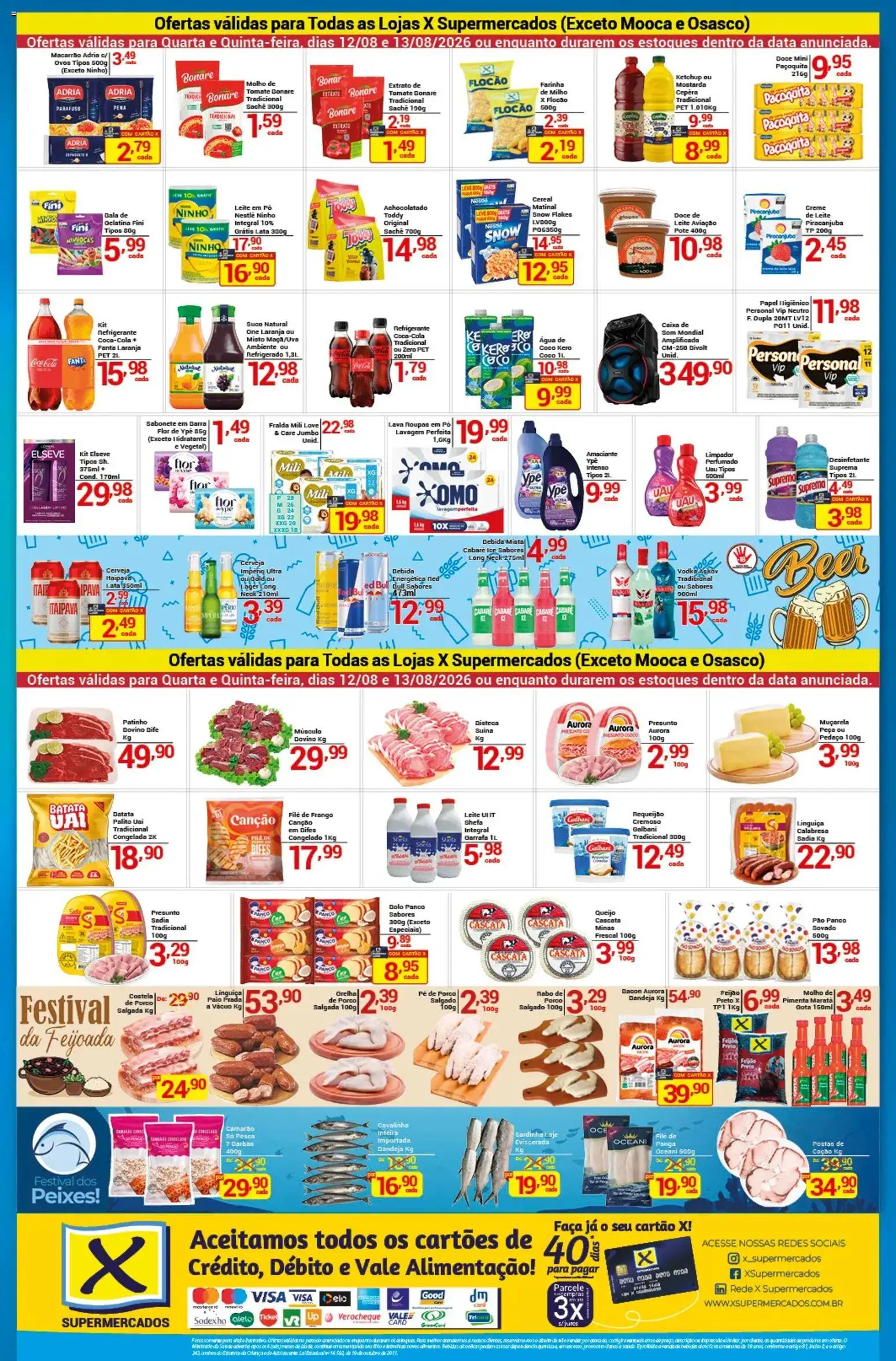 Pré-Visualização do folheto "X Supermercados - Ofertas da semana" da loja X Supermercados válido a partir de 12/08/2026 - Macarrão, Queijo, Tomate, Suco, Gelatina, Nabo, Amaciante, Achocolatado