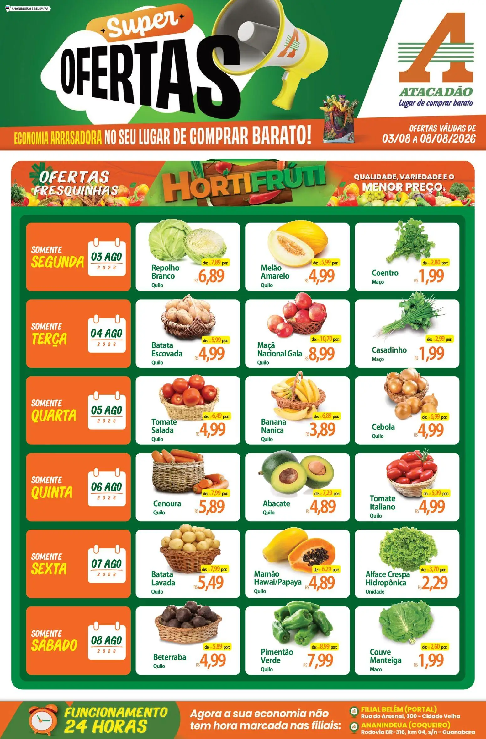 Pré-Visualização do folheto "Atacadão ofertas - PA" da loja Atacadão válido a partir de 03/08/2026 - Batata, Tomate, Manteiga, Cenoura, Cebola, Repolho, Melão, Pimentão