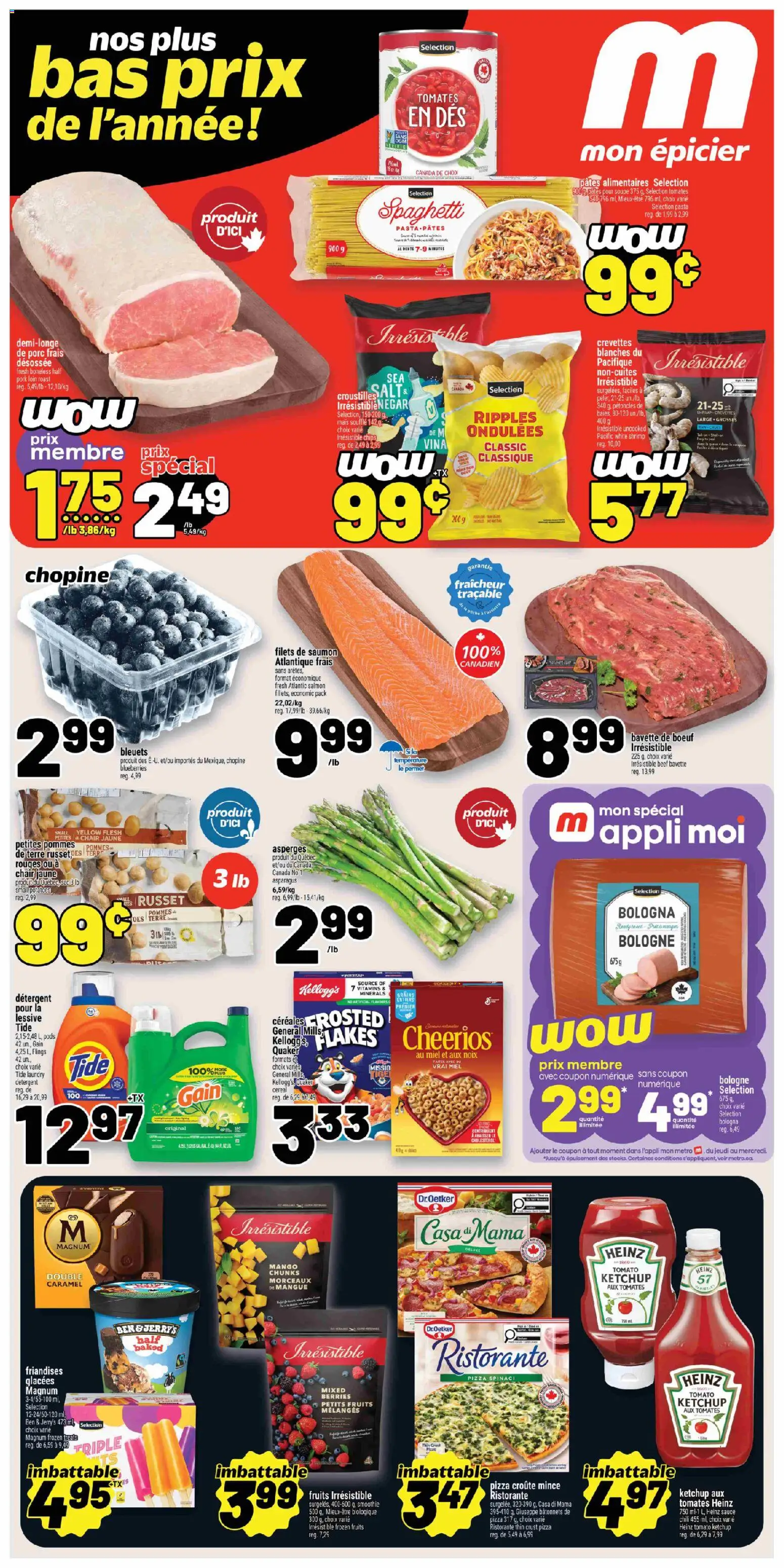 Preview of leaflet Metro circulaire - Pickering from shop Metro is valid from May 28, 2026 - Salmon, Blueberries, Potatoes, Asparagus, Magnum, Grains, Pork loin, Detergent