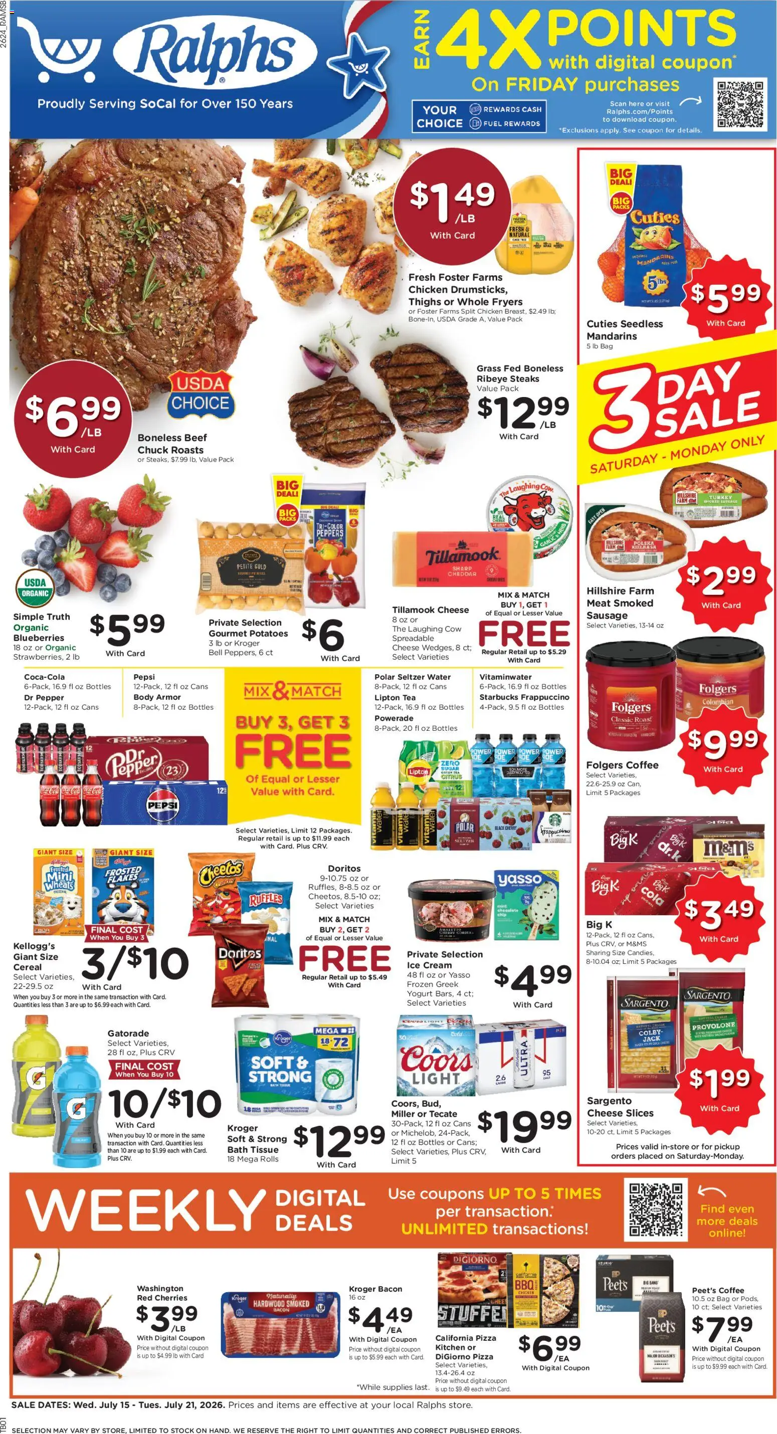 Ad Preview of Ralphs Ralphs Weekly Ad from 07/15/2026 - Water, Ice, Cheese, Potatoes, Pepsi, Peppers, Green Tea, Mandarins