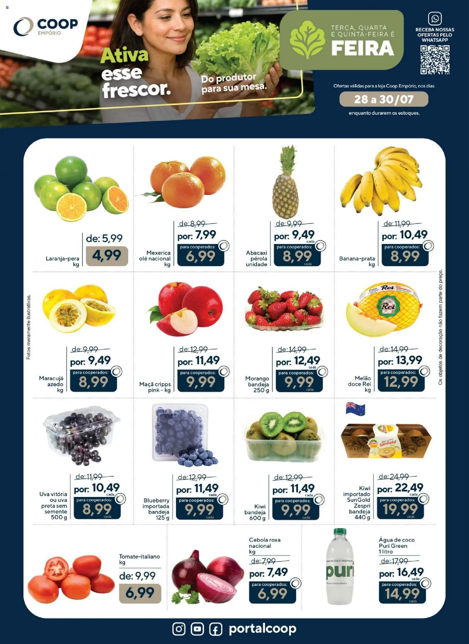 Pré-Visualização do folheto "Coop ofertas Empório" da loja Coop válido a partir de 28/07/2026 - Água, Decoração, Abacaxi, Maracujá, Mexerica, Cebola, Bandeja, Cebola roxa