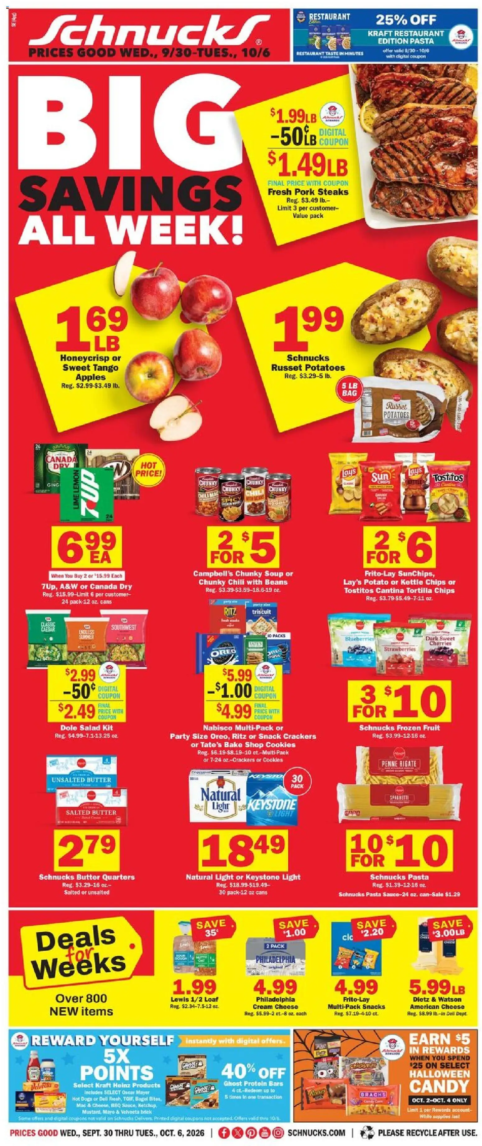 Ad Preview of Schnucks Schnucks Weekly Ad from 09/30/2026 - Chili, Salad, Snacks, Strawberries, Cherries, Cream cheese, Cream, Ketchup