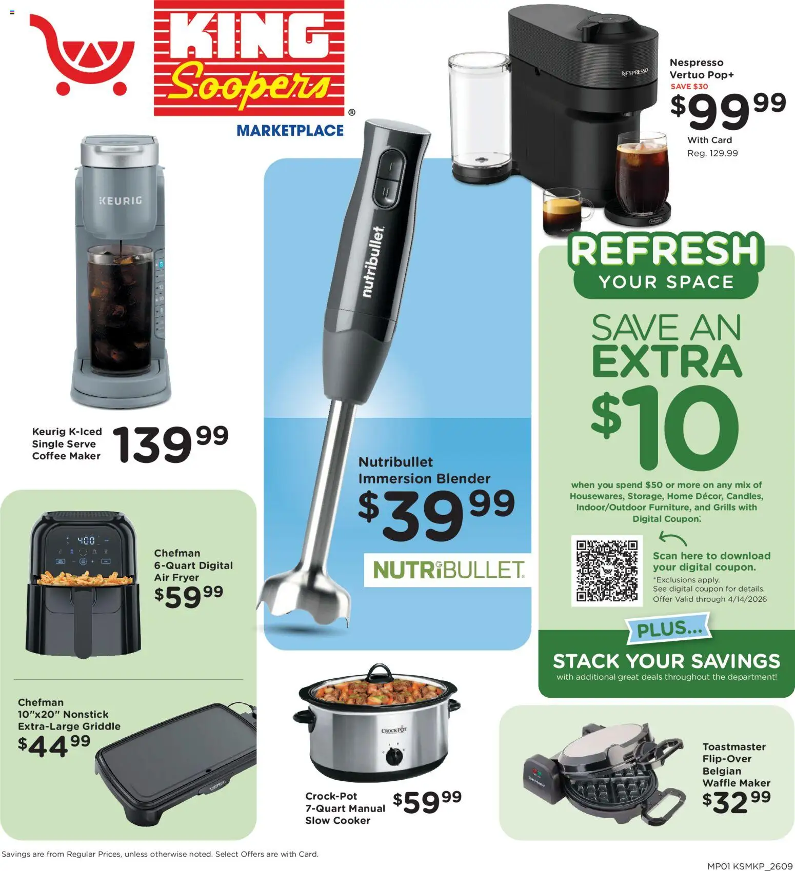 Ad Preview of King Soopers King Soopers Home & Apparel from 04/01/2026 - Coffee, Blender, Air fryer, Coffee maker, Griddle, Waffle Maker, Slow cooker, Cooker