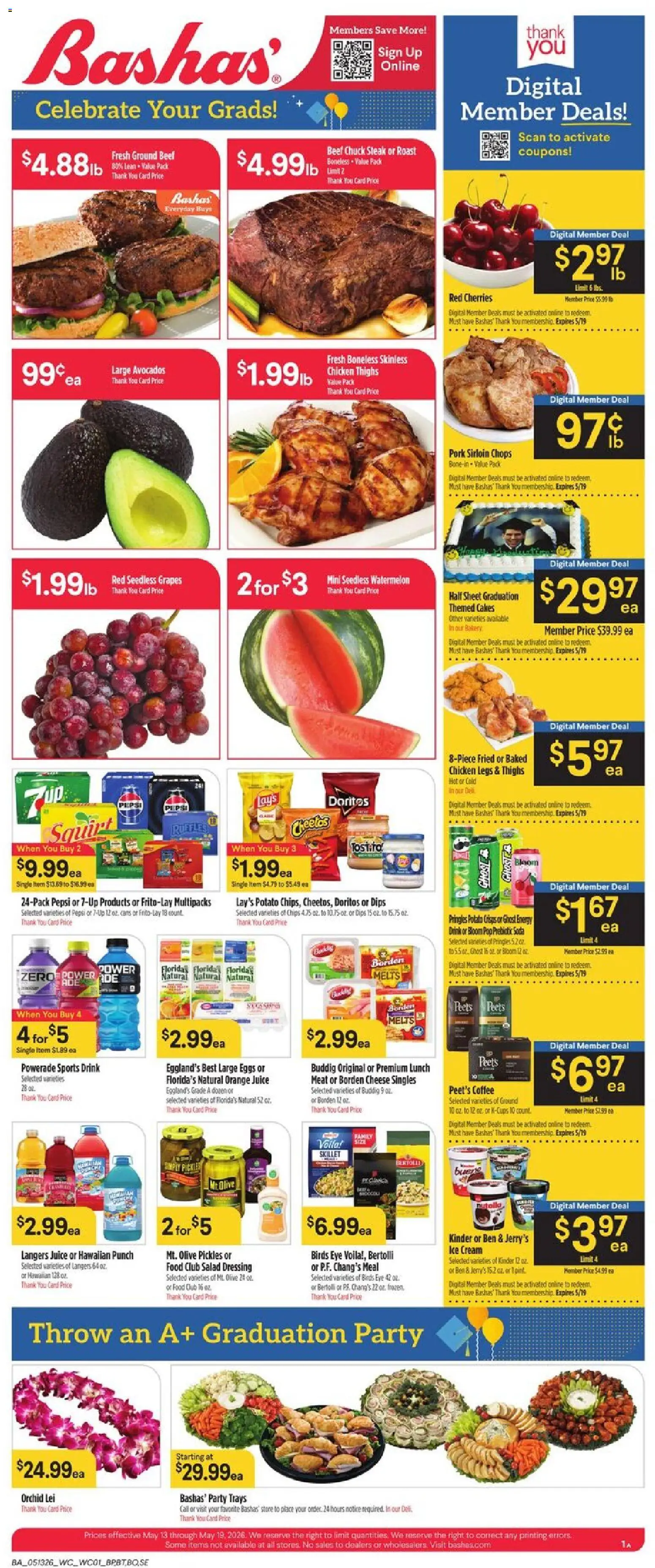 Ad Preview of Basha's Basha's Weekly Ad from 05/13/2026 - Ice cream, Sheet, Cheese, Cherries, Skillet, Oil, Grapes, Cream