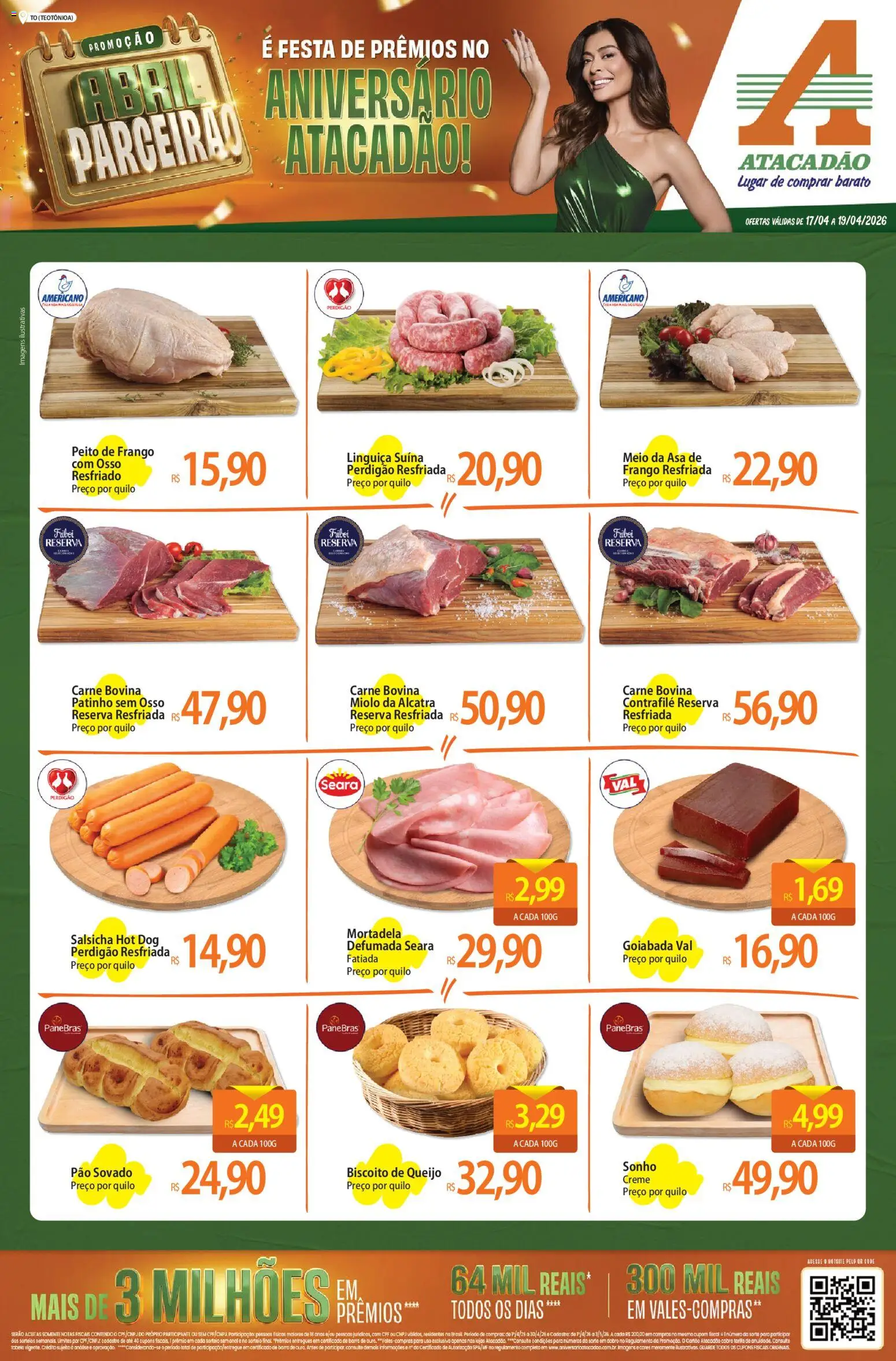 Pré-Visualização do folheto "Atacadão ofertas - TO" da loja Atacadão válido a partir de 17/04/2026 - Salsicha, Pão, Biscoito, Goiabada, Creme, Boné, Linguiça, Alcatra