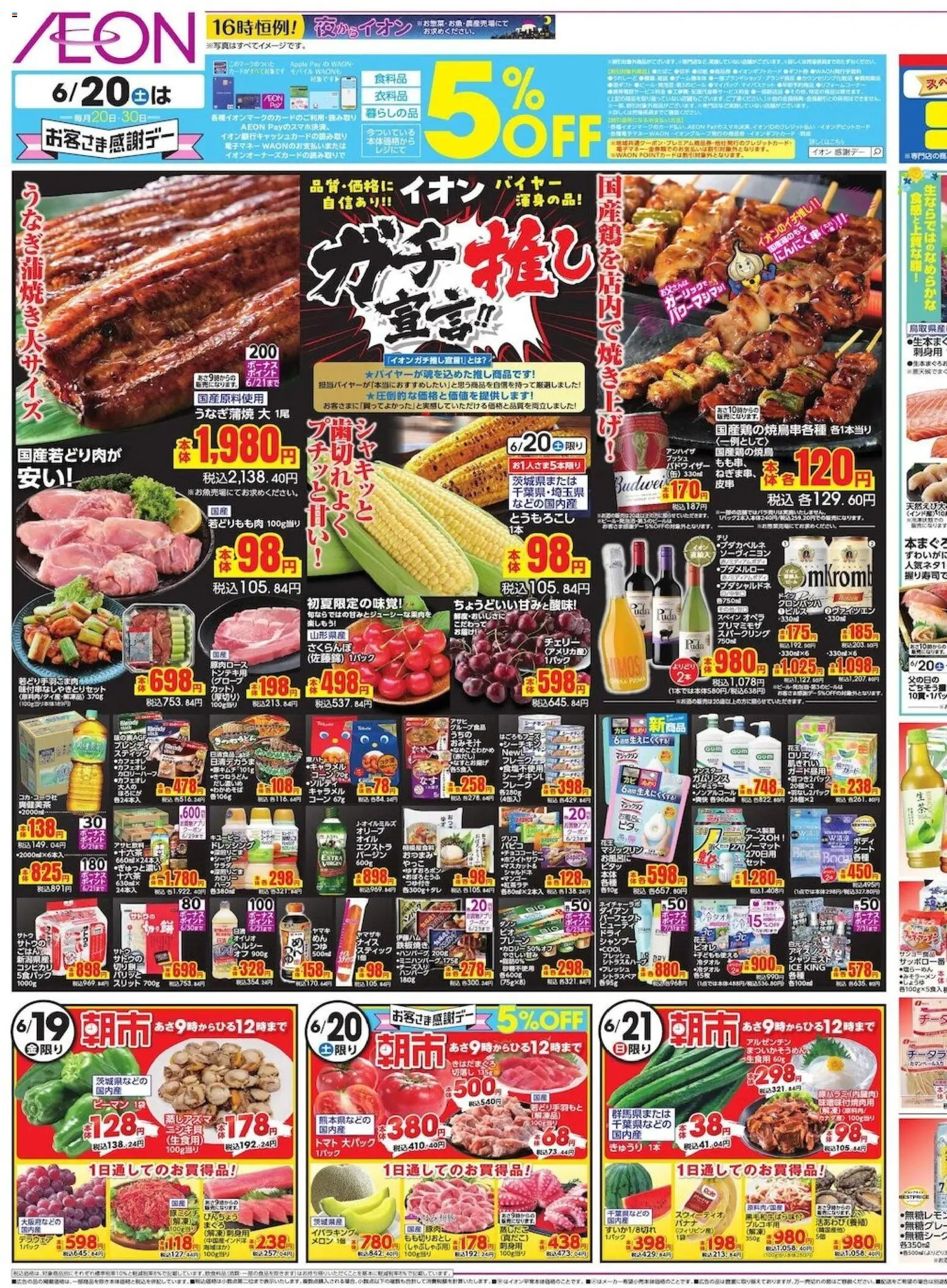 イオンの2026/06/19から2026/06/21までのチラシはここイオン - バイヤー渾身の品! - ハンバーグ, トマト, シャンプー, メロン, ピーマン, フレーク