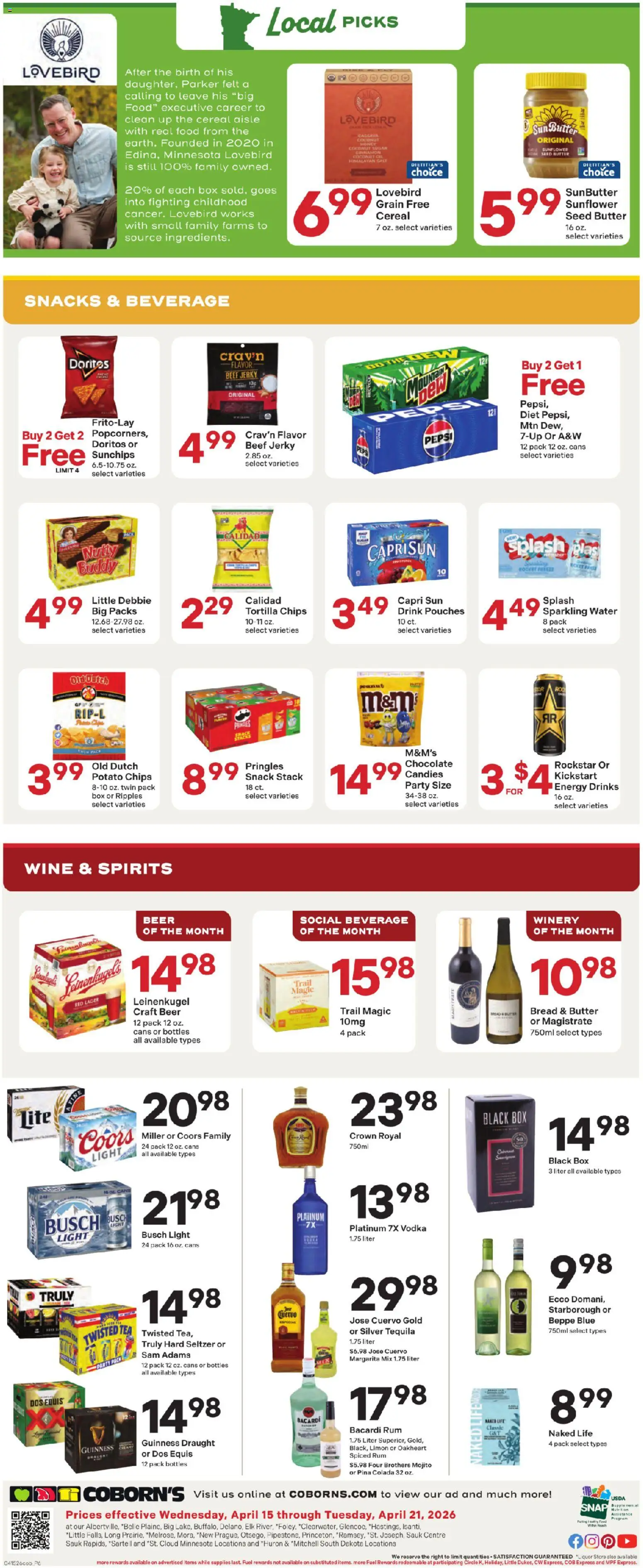 Ad Preview of Coborn's Coborn's Local Picks from 04/15/2026 - Tea, Snacks, Wine, Butter, Salt, Beef, Rum, Jerky