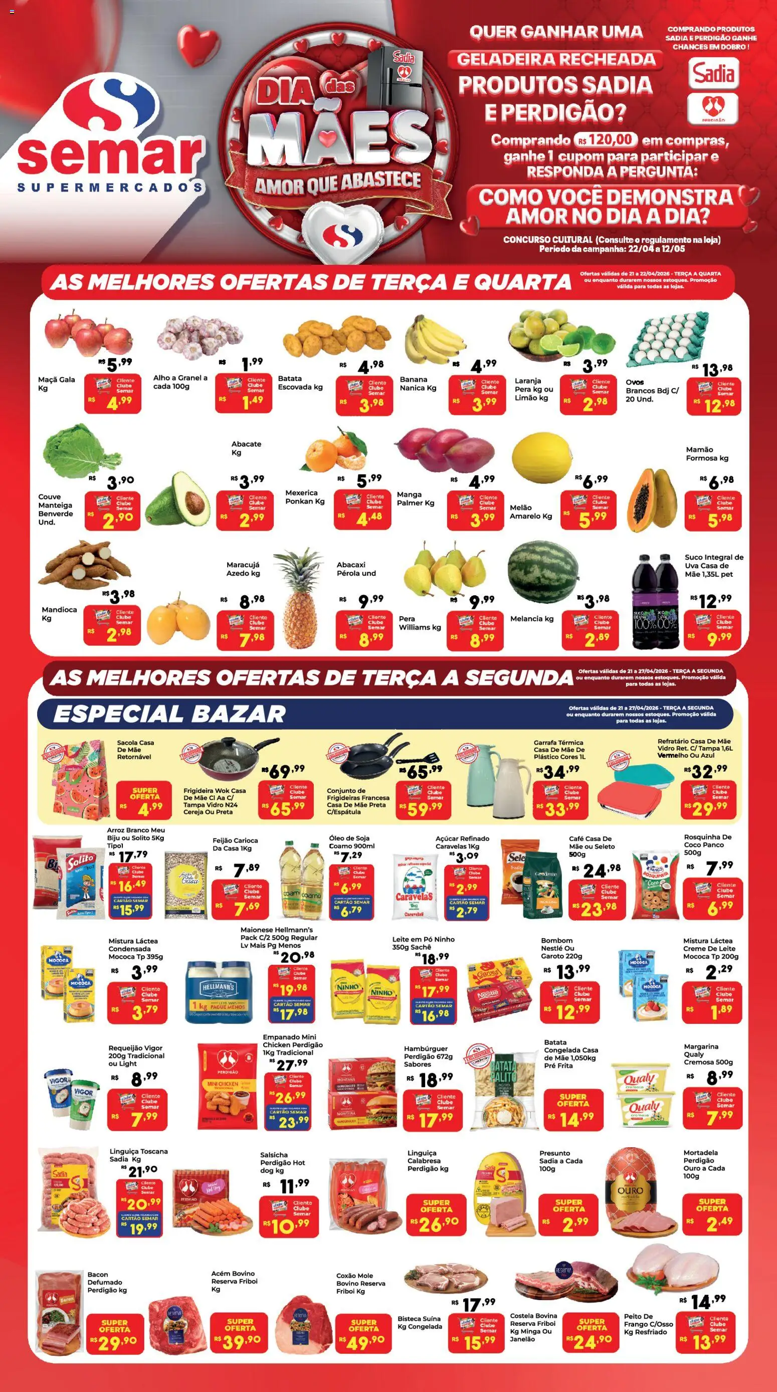 Pré-Visualização do folheto "Semar Supermercado - Ofertas da semana" da loja Semar Supermercado válido a partir de 21/04/2026 - Café, Ovos, Leite, Soja, Manteiga, Pó, Alho, Mamão