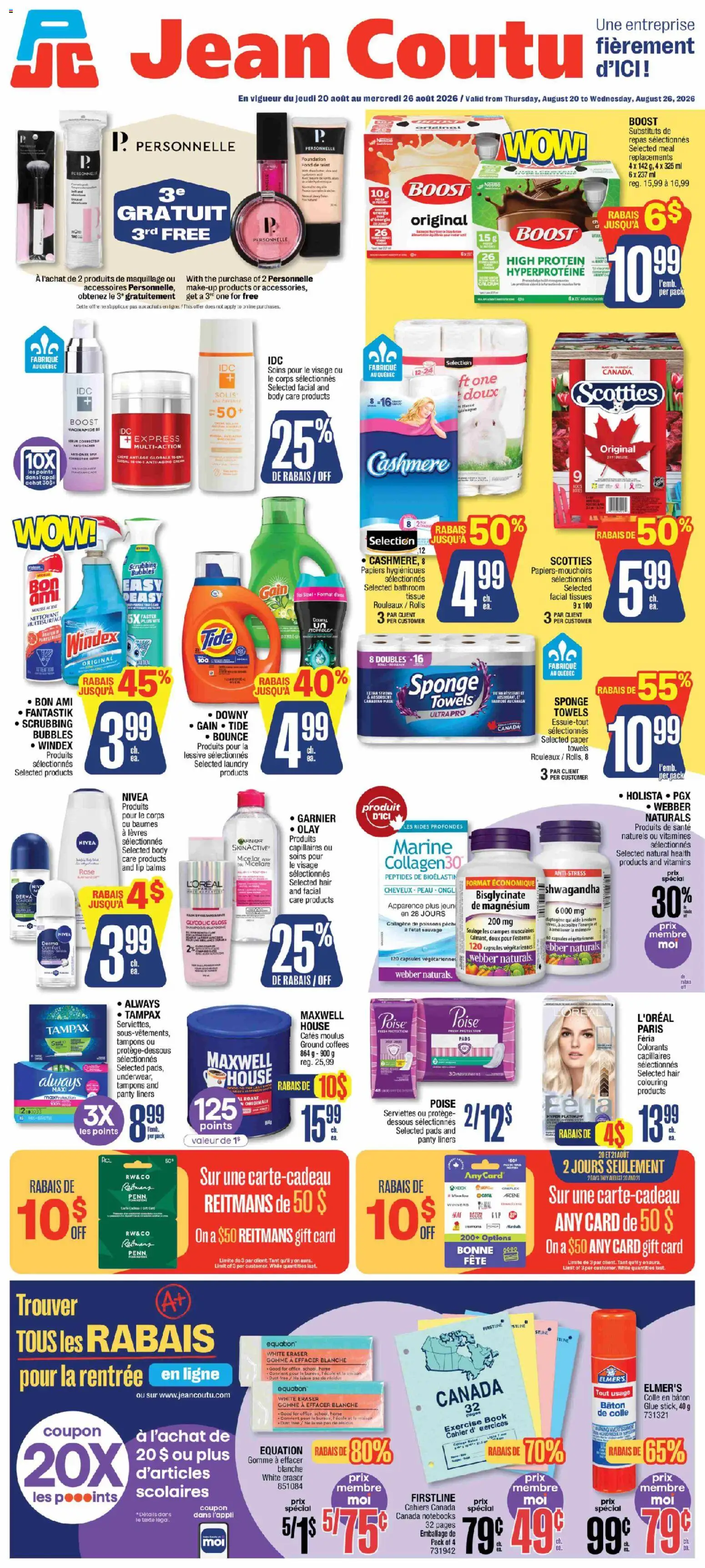 Preview of leaflet Jean Coutu circulaire from shop Jean Coutu is valid from Aug 20, 2026 - Xbox, Mouse, Tampons, Capsules, Towels, Sponge, Tissues, Panty liners