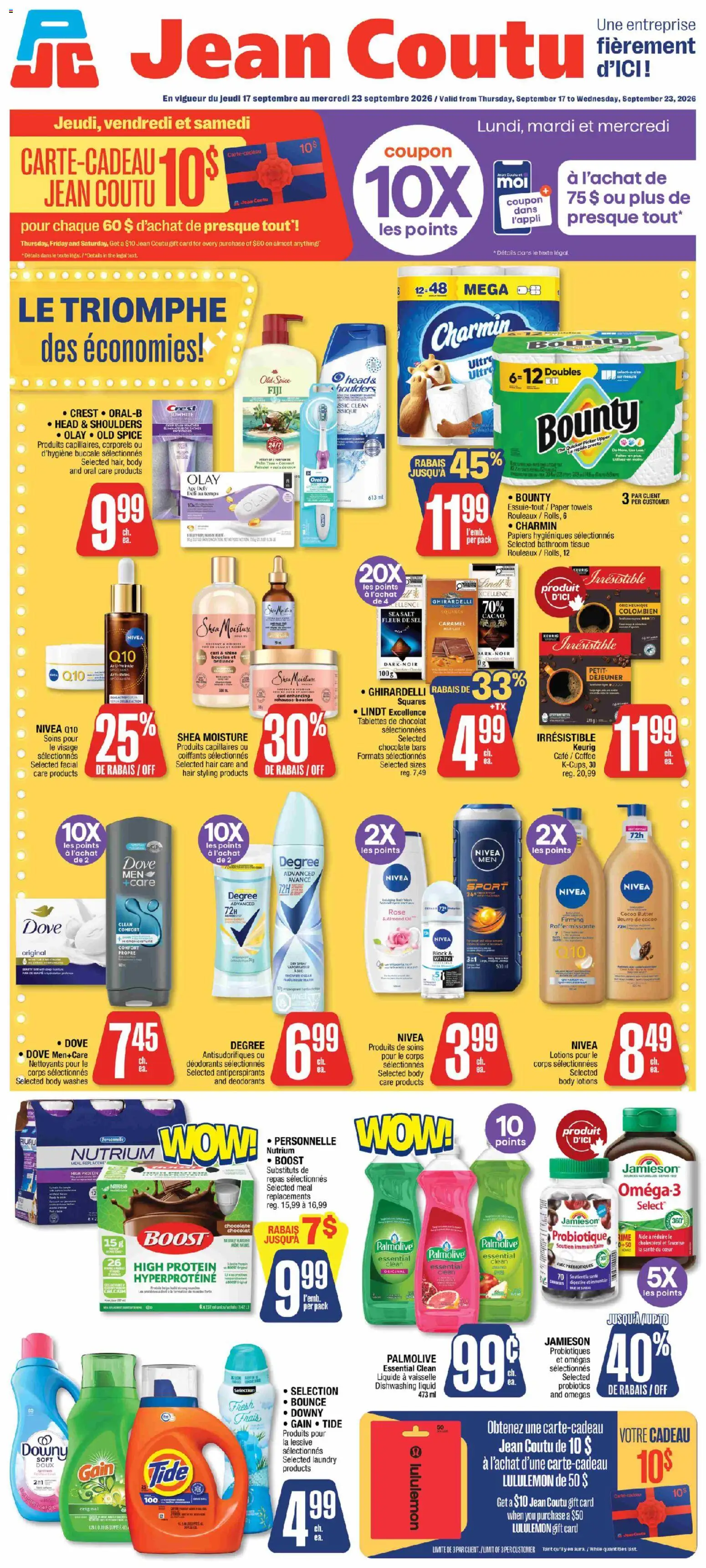 Preview of leaflet Jean Coutu circulaire from shop Jean Coutu is valid from Sep 17, 2026 - Cocoa, Lindt, Probiotics, Protein, Hair styling, Towels, Cocoa butter, Head & Shoulders