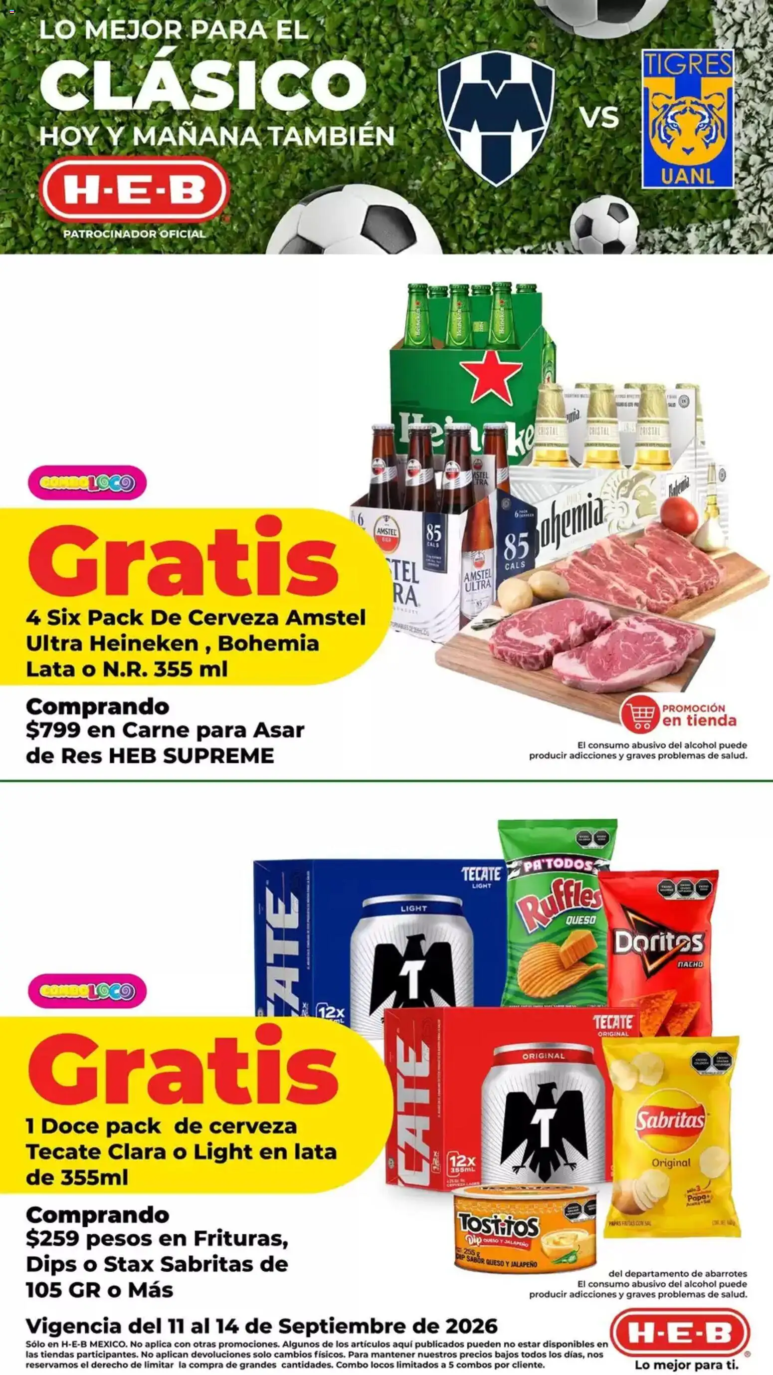 Vista previa las ofertas de la tienda H-E-B - H-E-B folleto desde el 11/09/2026 - Papa, Papas, Cerveza, Alcohol, Queso, Carne, Res, Carne para asar