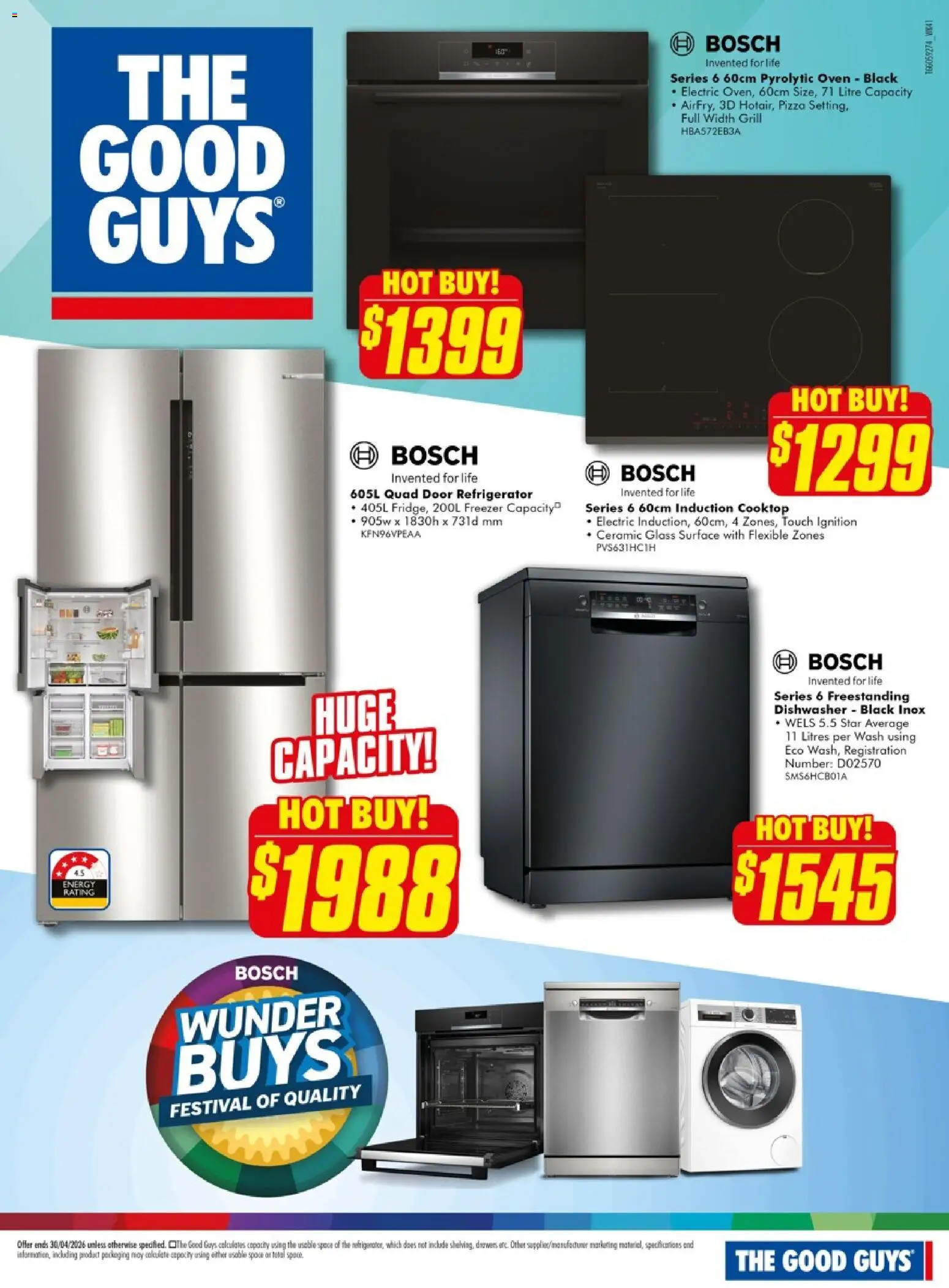 Preview of catalogue The Good Guys catalogue Bosch from shop The Good Guys valid 08/04/2026 - Door, Pizza, Freezer, Refrigerator, Oven, Cooktop, Dishwasher, Grill