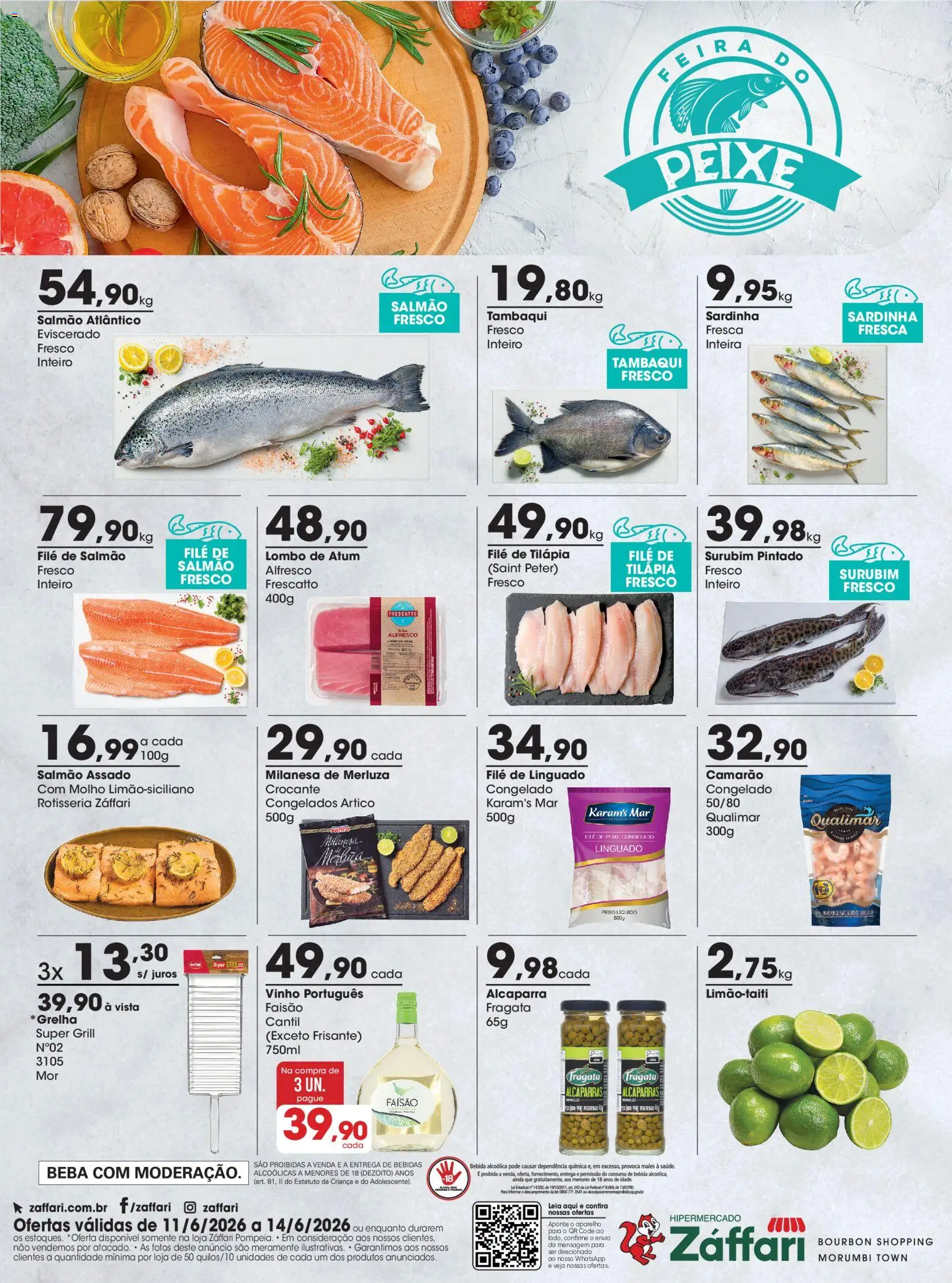 Pré-Visualização do folheto "Zaffari ofertas Peixaria - SP" da loja Zaffari válido a partir de 11/06/2026 - Vinho, Bebidas, Camarão, Bourbon, Salmão, Lombo, Linguado, Filé de salmão