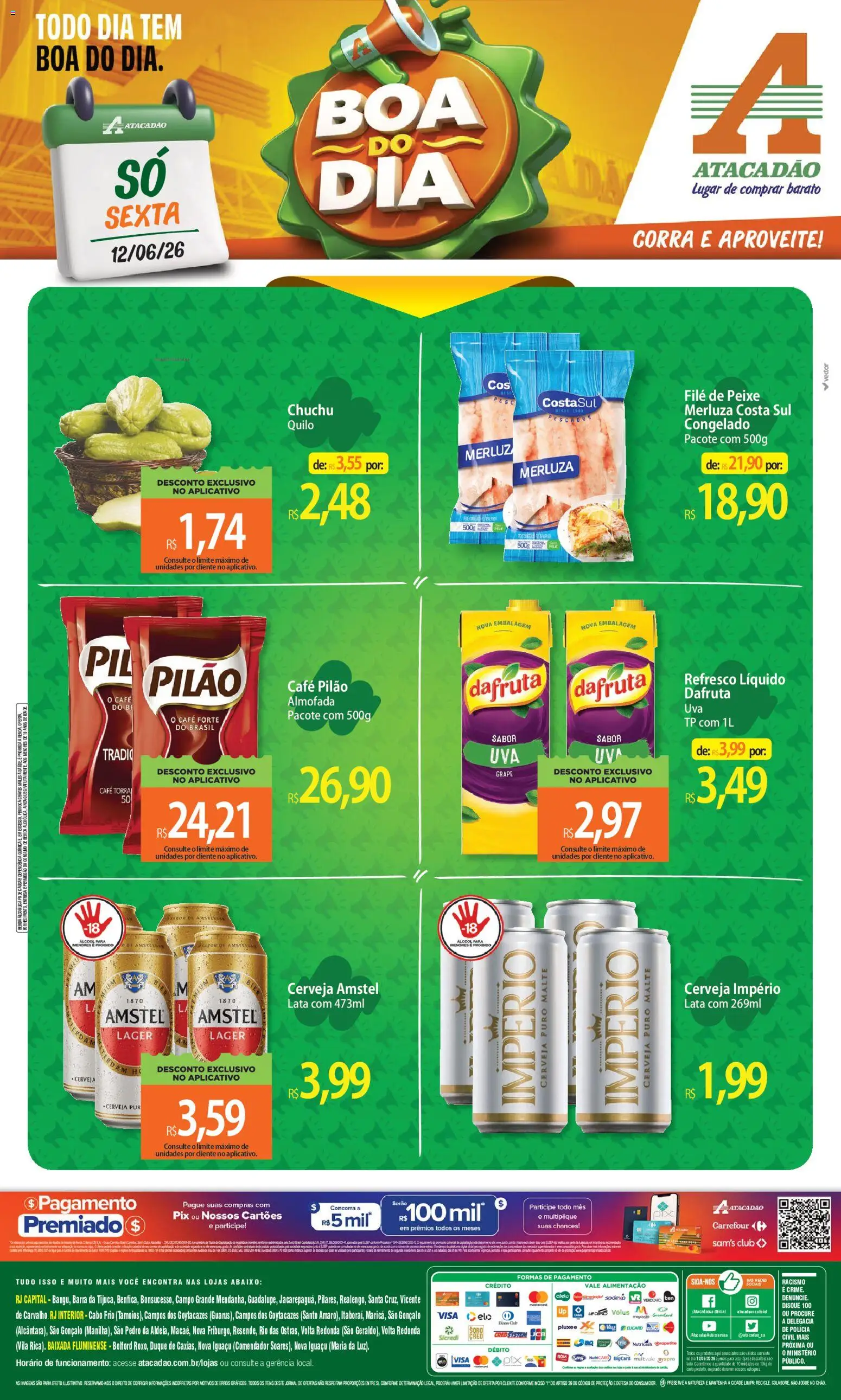 Pré-Visualização do folheto "Atacadão ofertas - RJ" da loja Atacadão válido a partir de 12/06/2026 - Café, Cerveja, Peixe, Chuchu, Álcool, Café pilão, Cabo, Refresco
