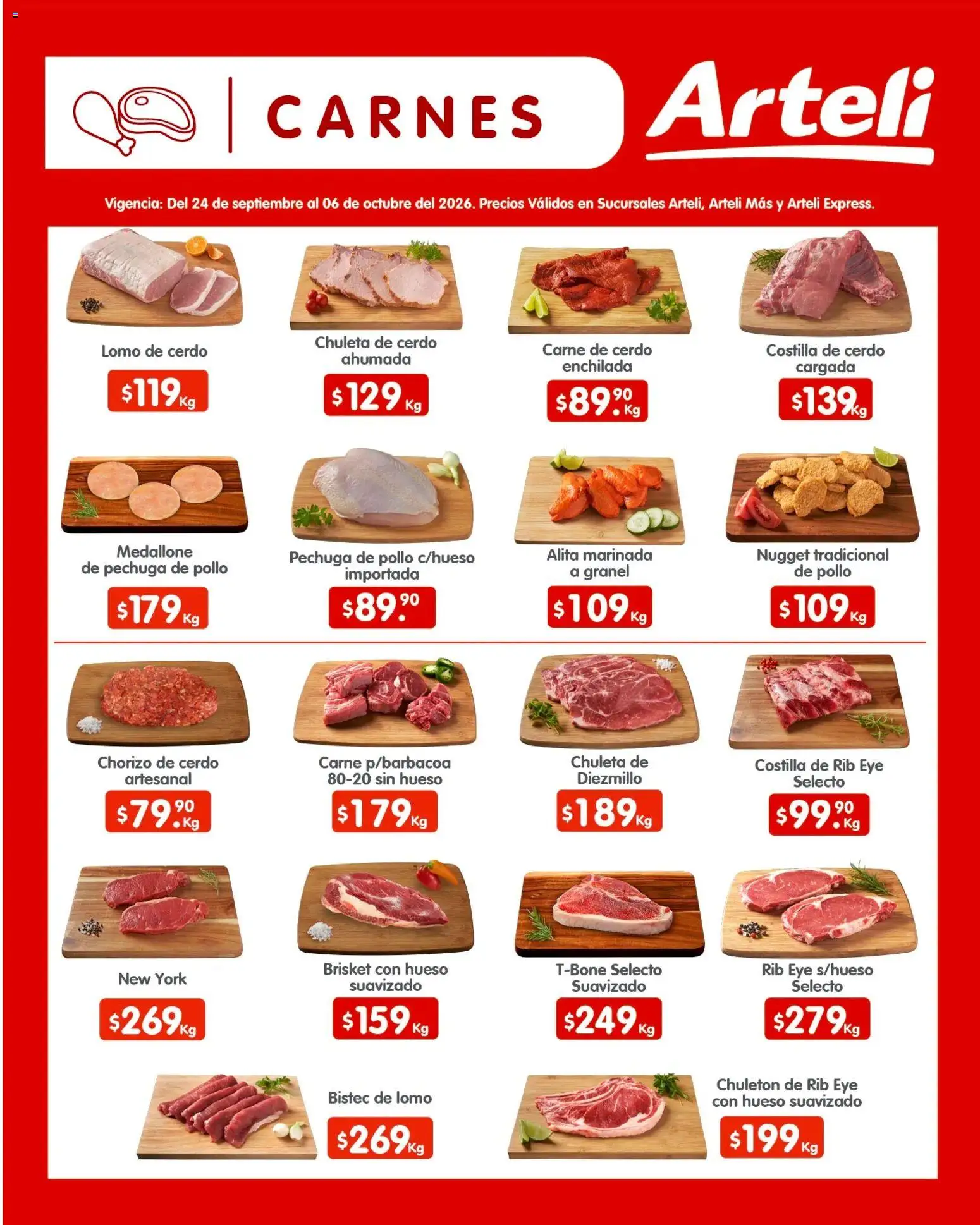 Vista previa las ofertas de la tienda Arteli - Arteli folleto Quincenal desde el 24/09/2026 - Pollo, Carne, Cerdo, Bistec, Lomo de cerdo, Chuleta, Chuleta de cerdo, Carne de cerdo