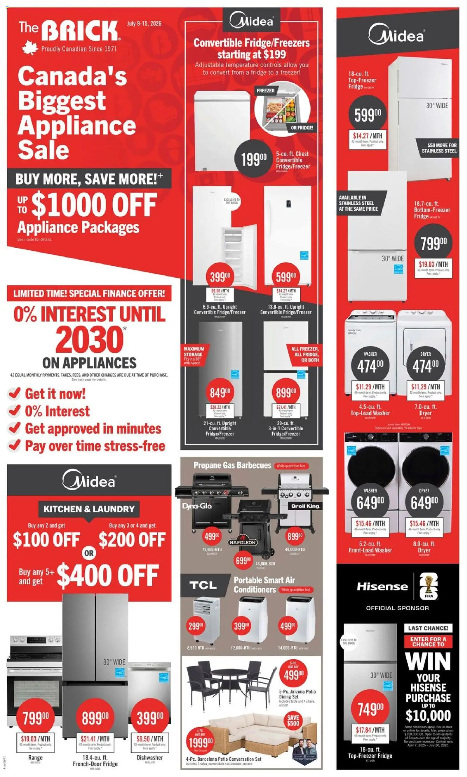 Preview of leaflet The Brick weekly flyer / circulaire from shop The Brick is valid from Jul 09, 2026 - Dishwasher, Chair, Freezer, Dryer, Dining set, Table
