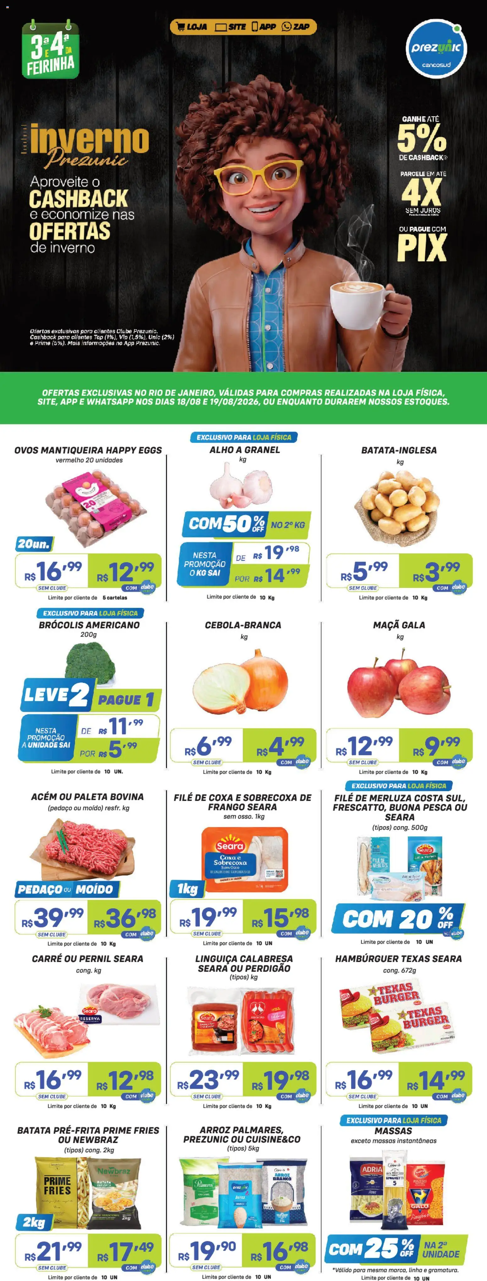 Pré-Visualização do folheto "Prezunic ofertas" da loja Prezunic válido a partir de 18/08/2026 - Hambúrguer, Ovos, Arroz, Frango, Linguiça, Pernil, Alho, Acém